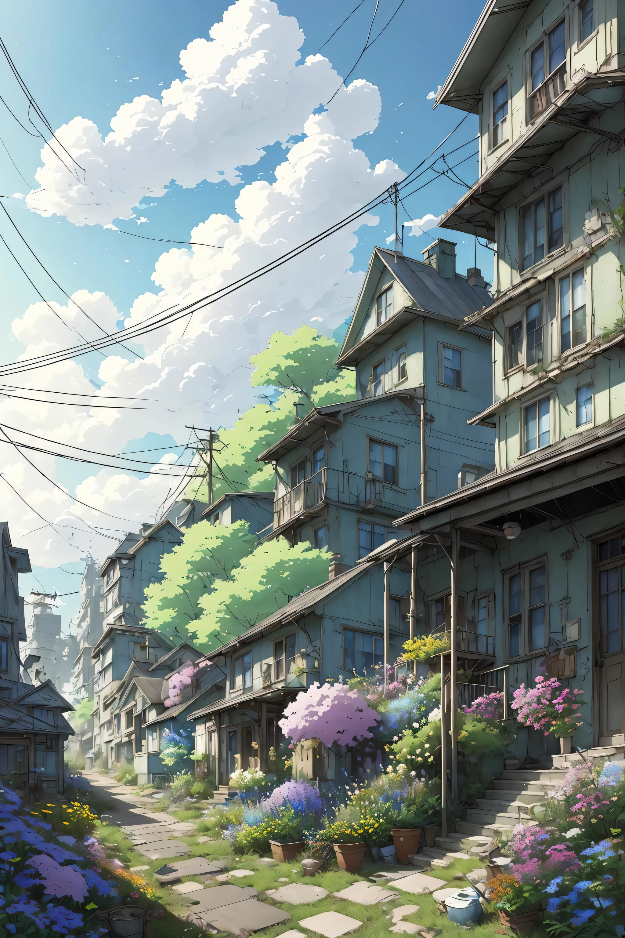 very cozy little place, hyper realism, (anime Makoto Shinkai:0.4), old shabby house in city street, home wiring, outdoors, sky, cloud, day, scenery, tree, blue sky, building, sign, wires, railing, wide shot, utility pole, town, wilderness, flowers, a lot of utensils lying around in a mess