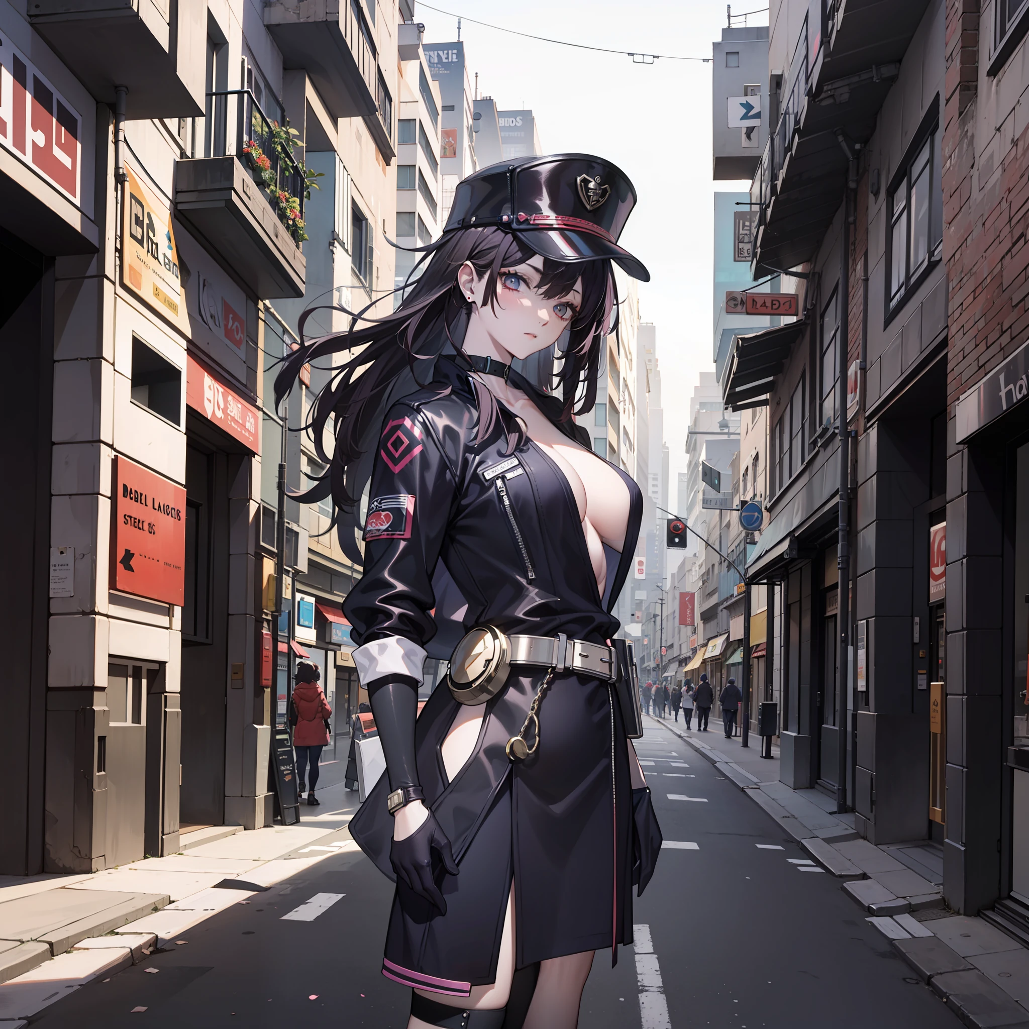Cyberpunk style street，elegant lady，cabellos largos dorados，With a hat on