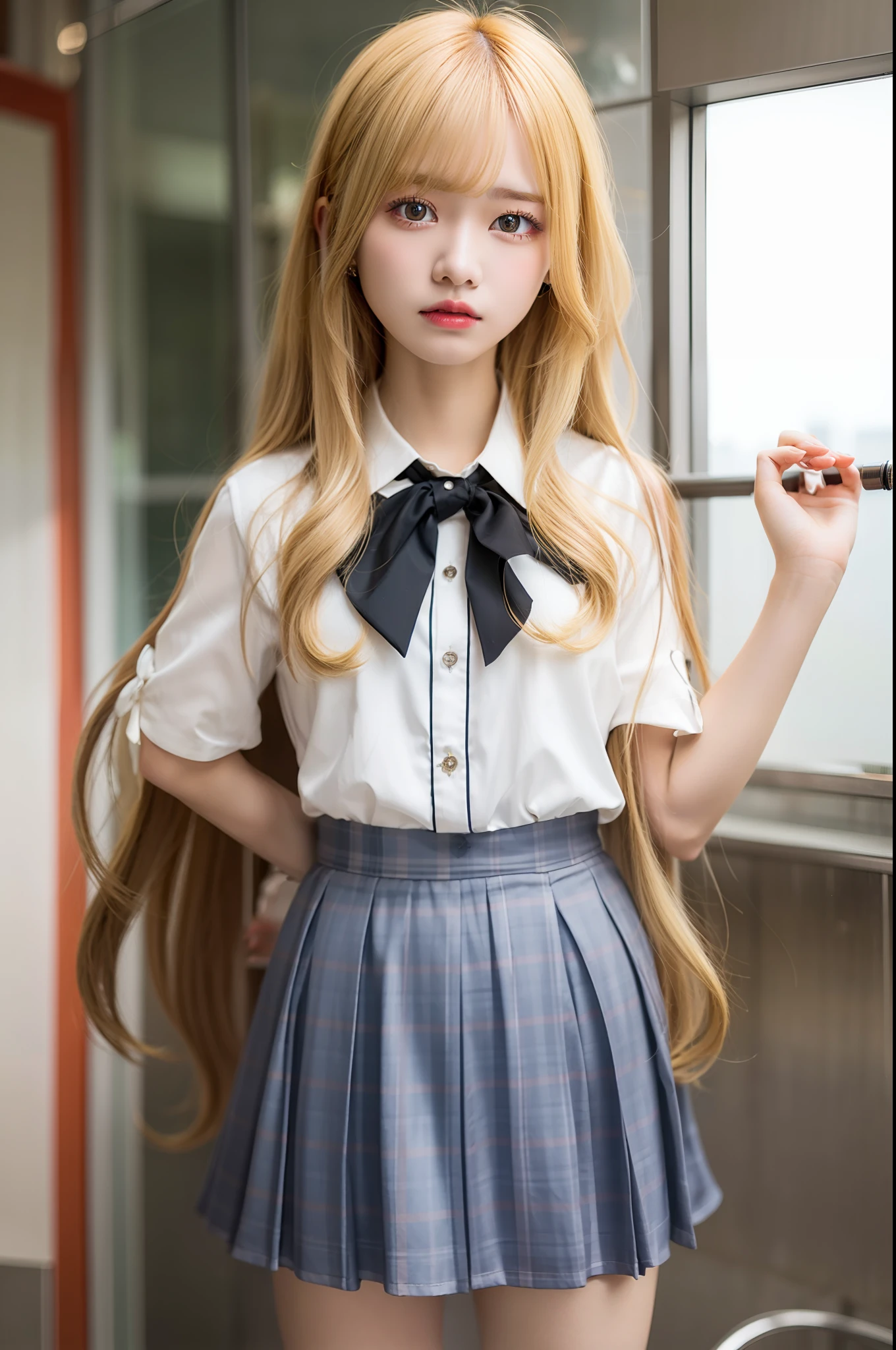 1girl, yellow hair, red eyes, realistic, ultra detail, photography,