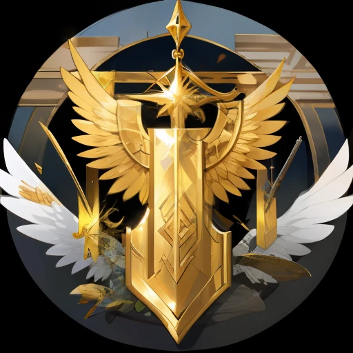Golden shield,There are three swords and wings on it,medal