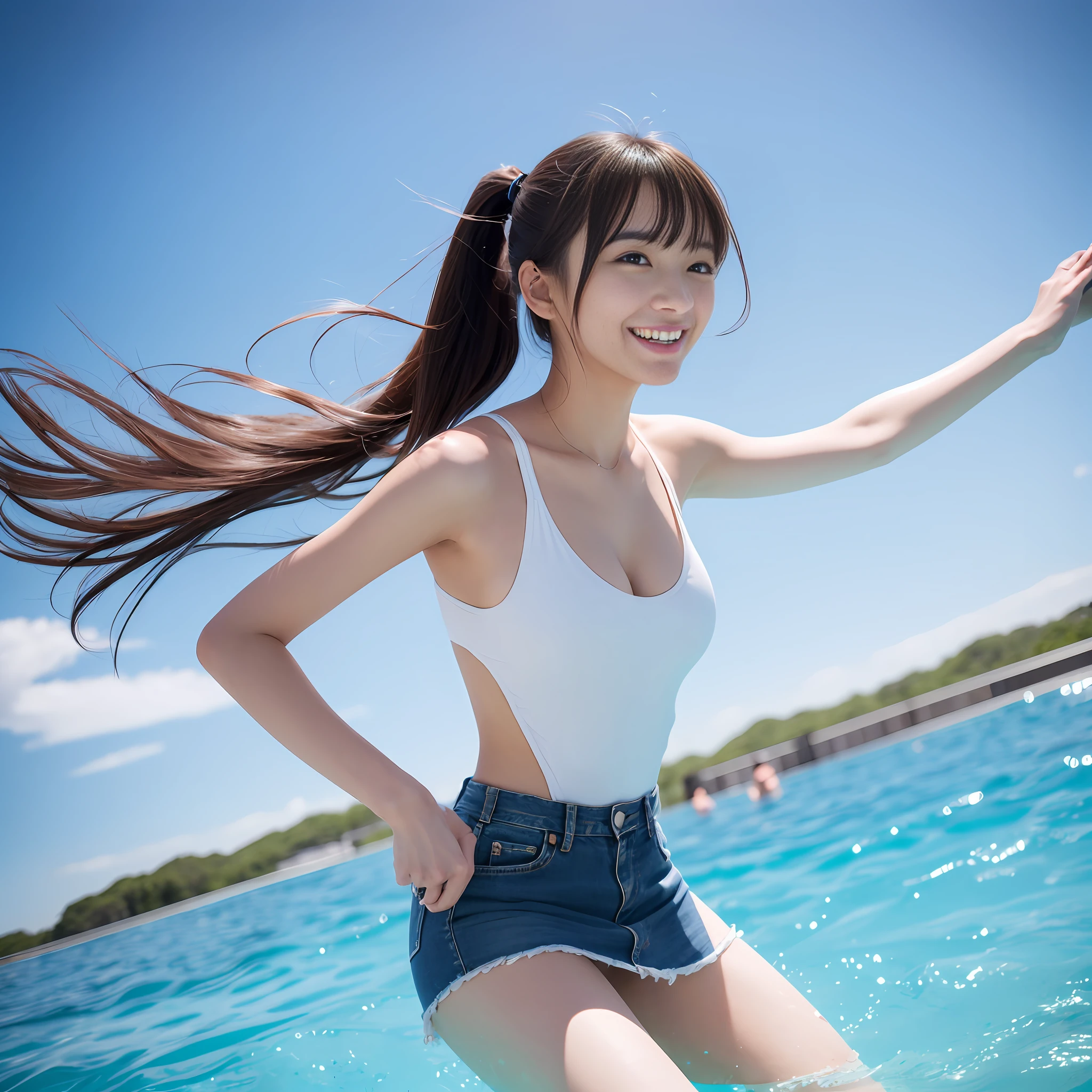 4K Real Beauty White Swimsuit Short Bob Hair Pool Big Blowing Wind Active Pose Amazing Angle Japan Middle School Smile Twin Tail Hair Denim Skirt