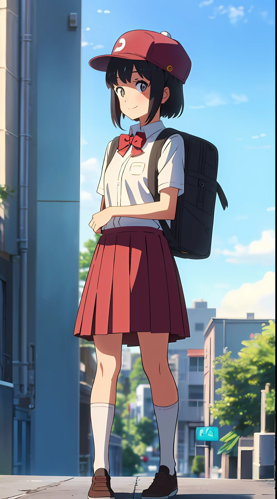 shinkai makoto, kimi no na wa., 1girl, bangs, black hair, blue sky, blush, brown eyes, cloud, collared shirt, headband, looking at the viewer, Negative Space, Outdoor, outside, bright, red headband, red ribbon, school, school uniform, shirt, cap, red cap, short hair, sky, smile, solo, white shirt, red skirt, school, mid-socks, white socks, black sneakers, full body, school backpack