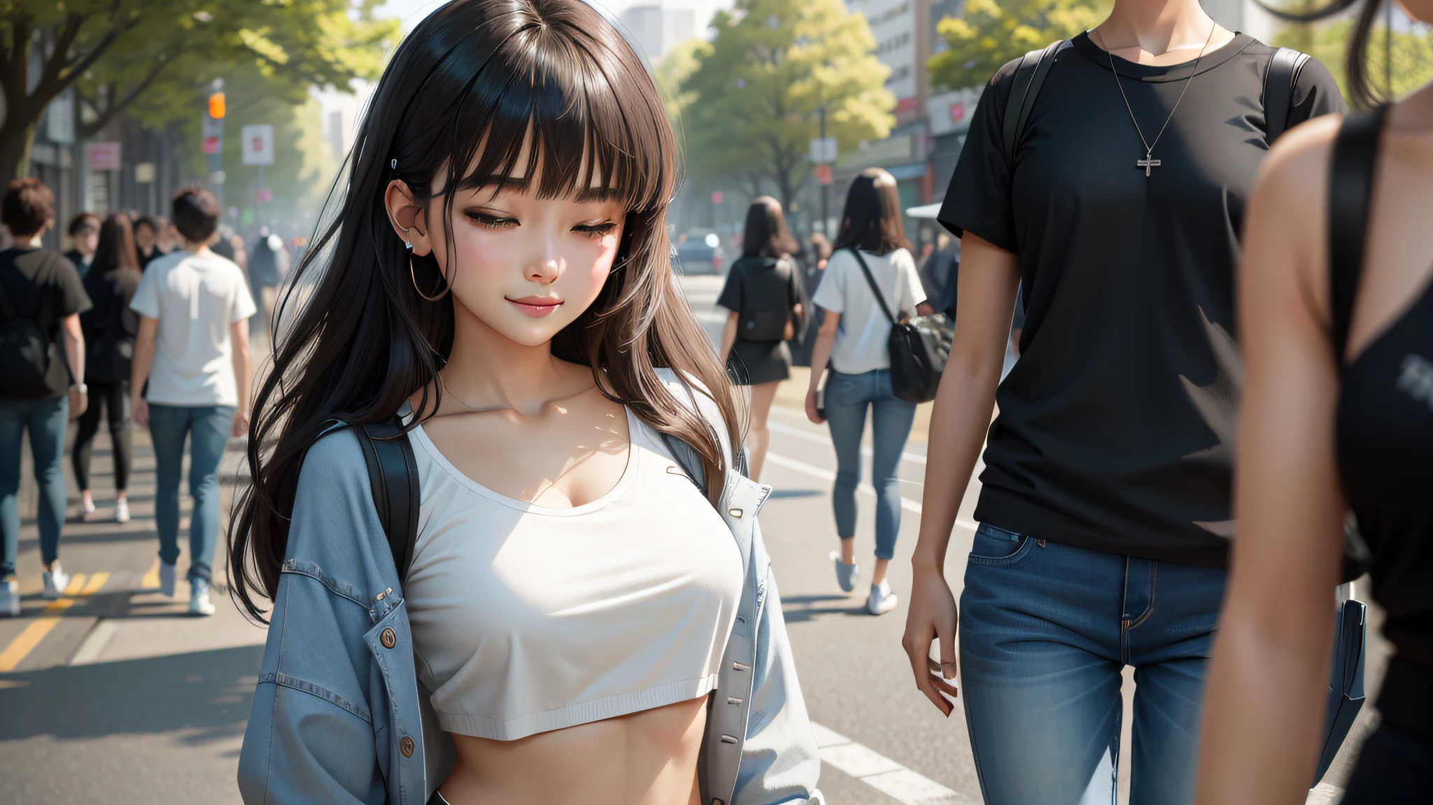 one-girl,With a white hat,long whitr hair,Black satchel,Holding a white gift bag,Wear denim shorts and white shoes。A masterpiece --auto