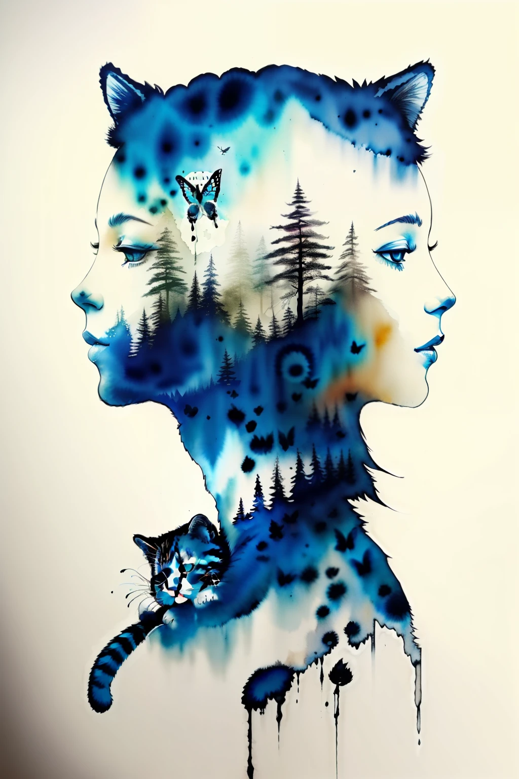 (double exposure)、1 kitten、White background、(独奏)、(ink and watercolor painting)、dripped out、((butterflys))、​masterpiece、top-quality