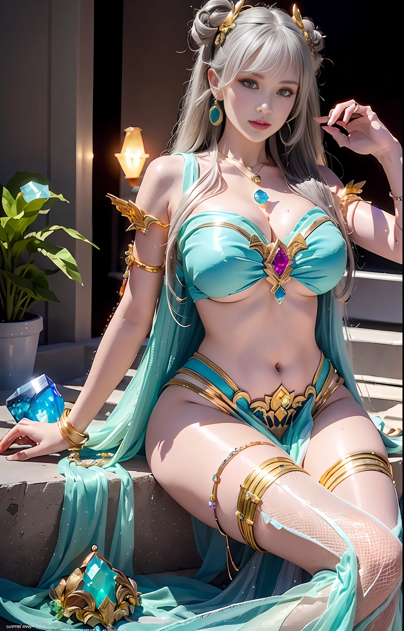 A perfectly realistic cyberpunk style Capricorn Saint Seiyan Seiyan,(Saint Seiya)(Gold armor:2),metalictexture(Mecha texture)(Gold texture:1.5)(legs are open:2)(Leg:2) on stomach,raise leg,reclining(open air) (glute) Panties for the audience to see(cropped shoulders)(There are countless super big gems)(Super large gemstone pendant:2), Crazy details(There is water flowing through the body:1.5) full bodyesbian,stocklings,(kicks:2), Details of the nobility, Whole grass, whole-length, full framing, epic poses, (flashy jewels) Yellow hair (Necklace earrings) pendant, (inlay + Big gemstone), large diamonds, gold, Red Jewel), waterfallr, Next to the bath, Unrealistic engine style,the detail,hyper realisitc,Boca effect,Shot in the style of David La Chapelle, Bioluminescent palette:lilac colors、pastel pink、glossy white、wide angles、ultradetailed、still life of film、with dynamism、WLOP and Sakimichan、Artgerm's style,underboob, Perfect eyes, Maximum image quality 16K, Inspiration Harry Winston, Shot on Canon EOS R 6,Masterpiece -- Nudity