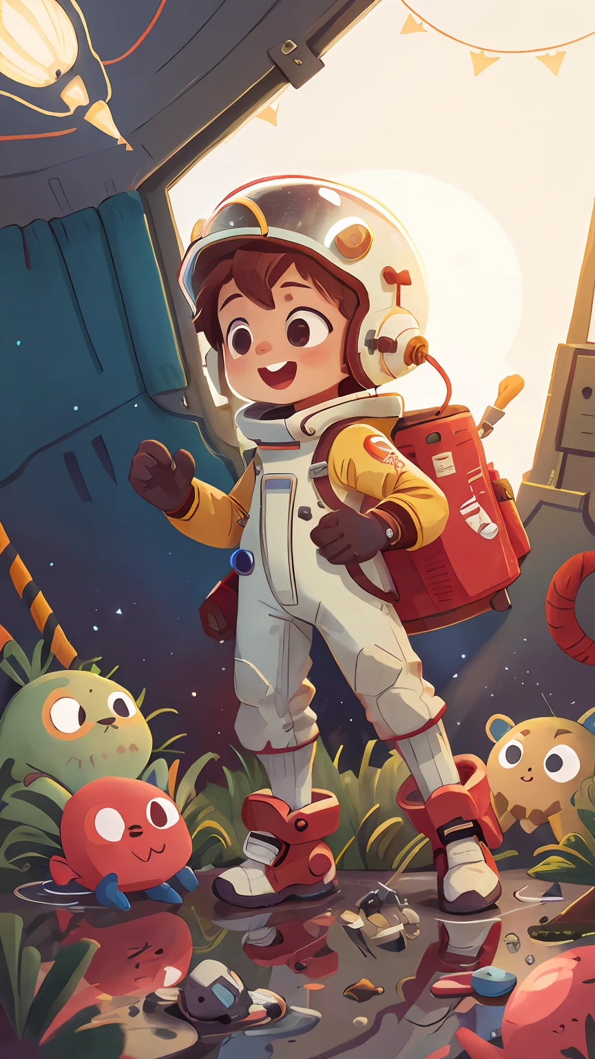 A boy gently touches the Salyut space station with his right hand,White_mitts, White_space shoes, White_helmet, CCCP red letter on the top of the helmet, in weightlessness, Side light, Reflection,space suit,cheerfulness,in mecha style,star ocean,high key,Homem-Imponente,rejoice,Perfect quality,Clear focus(Clutter - home:0.8), (tmasterpiece:1.2) (realisticlying:1.2) (bokeh) (best qualtiy) (detailedskin:1.3) (complexdetails) (8K) (detailedeyes) (Sharp focus),(having fun)