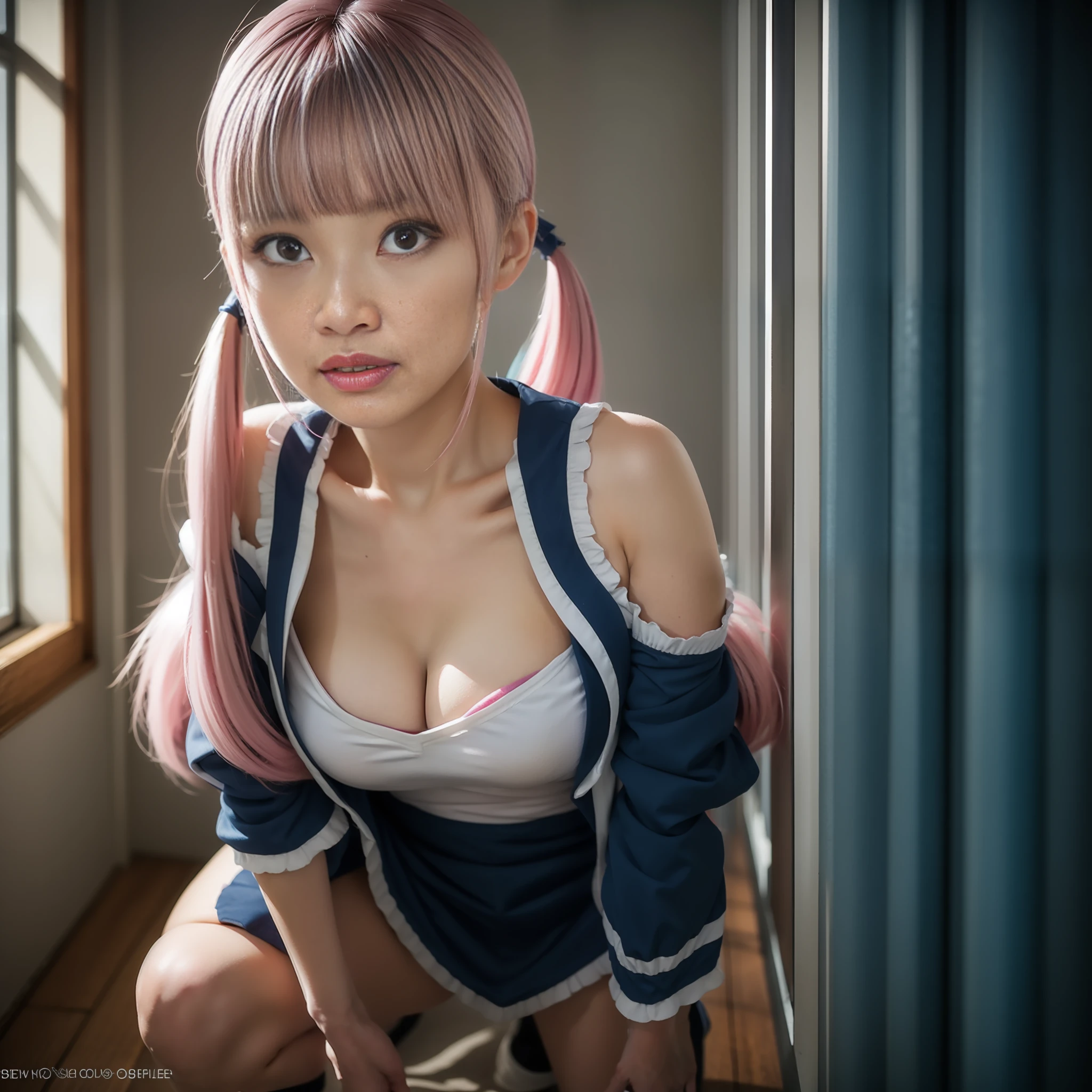 (masterpiece), (best quality), photorealism, realistic, ultra detailed, 8k resolution, (1girl), solo, beautiful, pink twintail hair, blue highlight hair, minato aqua, front light, cinematic light, cold light, cosplay, minato aqua cosplay, vtuber, indoor, bedroom, dropping breast, thick breast, squatting cowgirl pose,
