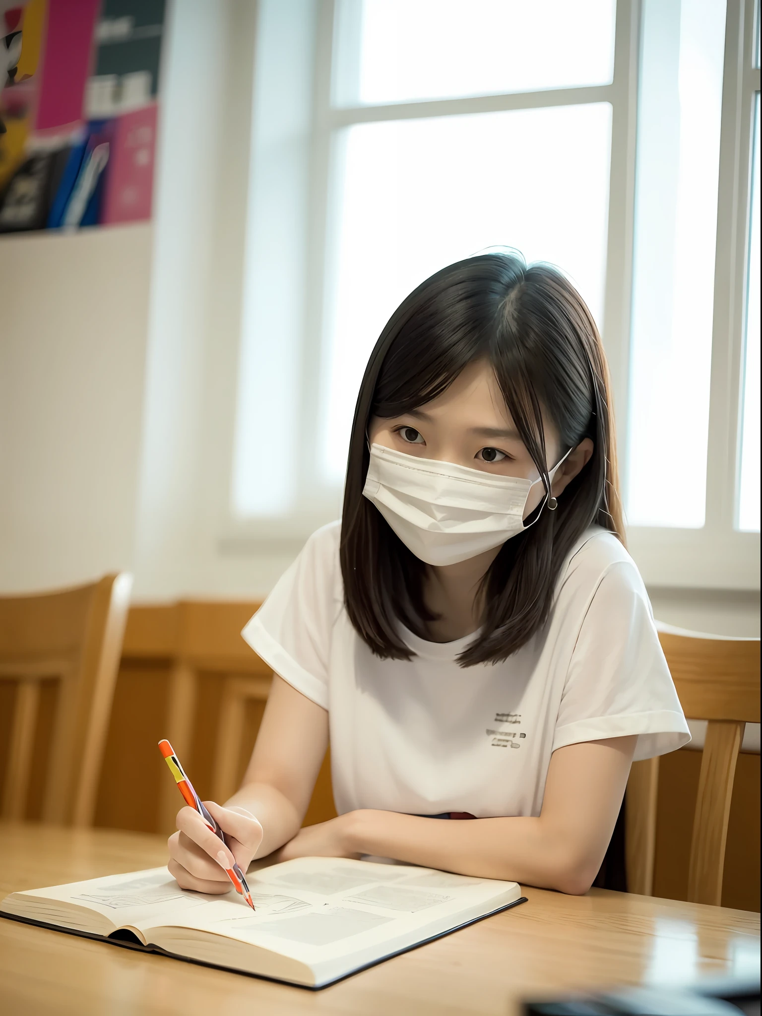 There was a woman sitting at the table,Wearing a mask, Student, research, Li Zixin, trying to study, xintong chen, Art student, Cai Xukun, xiang duan, candid photo of, Hand-drawn, handpainted, studying in a brightly lit room, jinyiwei, mingchen shen, 8K 50mm ISO 10