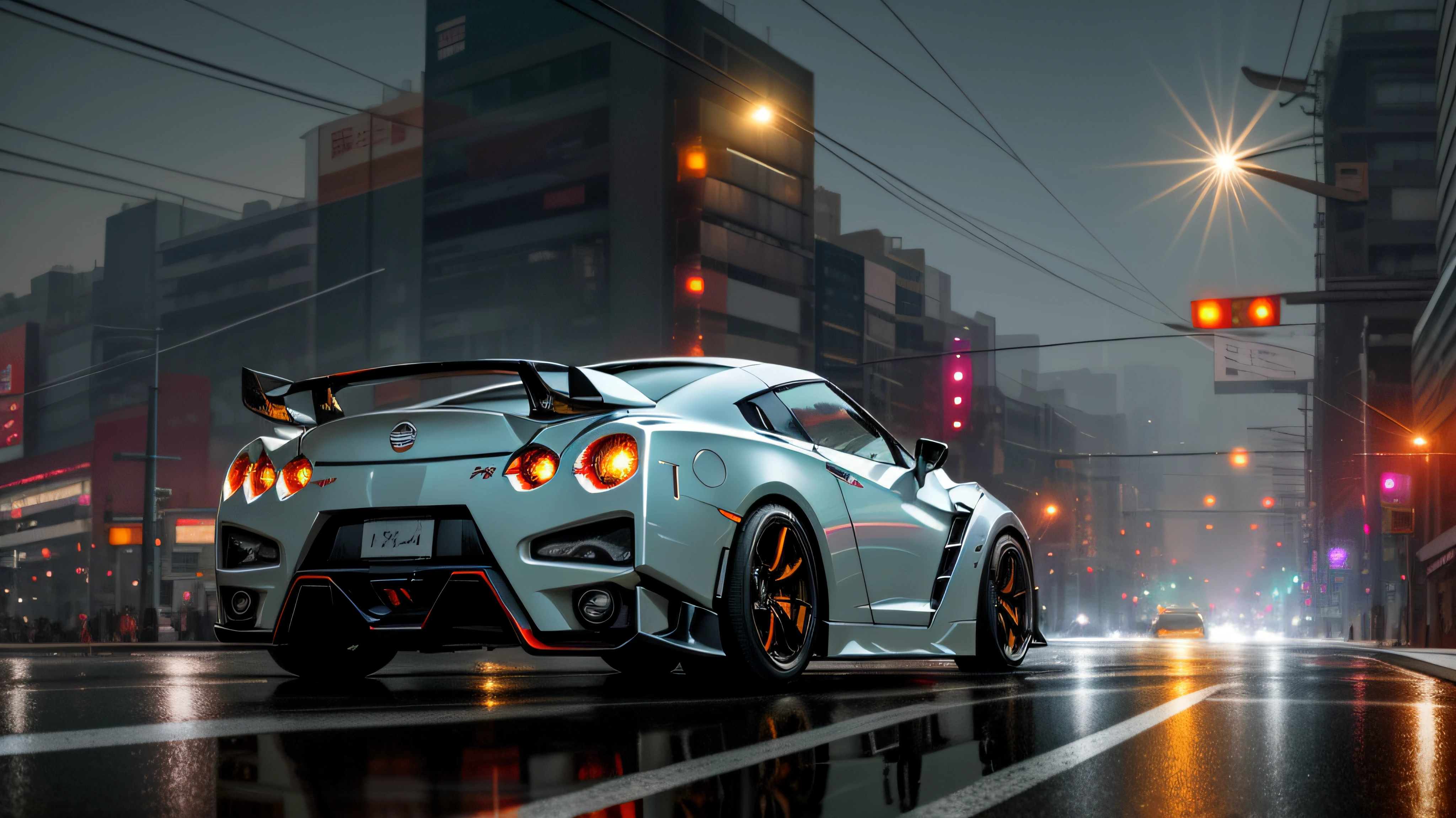 Concept Nissan GTR, (((w))) 🔥, at night, a dramatic an🌫d intense setting, background (((extreme parallax motion blur))), hyper realistic, (((🌆))), light trails, smoke caught in the headlights, high speed 🌧chase, maximum speed, small fireball debris leaving light trails, smoke, back-lit, street view, 💥Hasselblad HD6, police pursuit vehicles in the distance,
