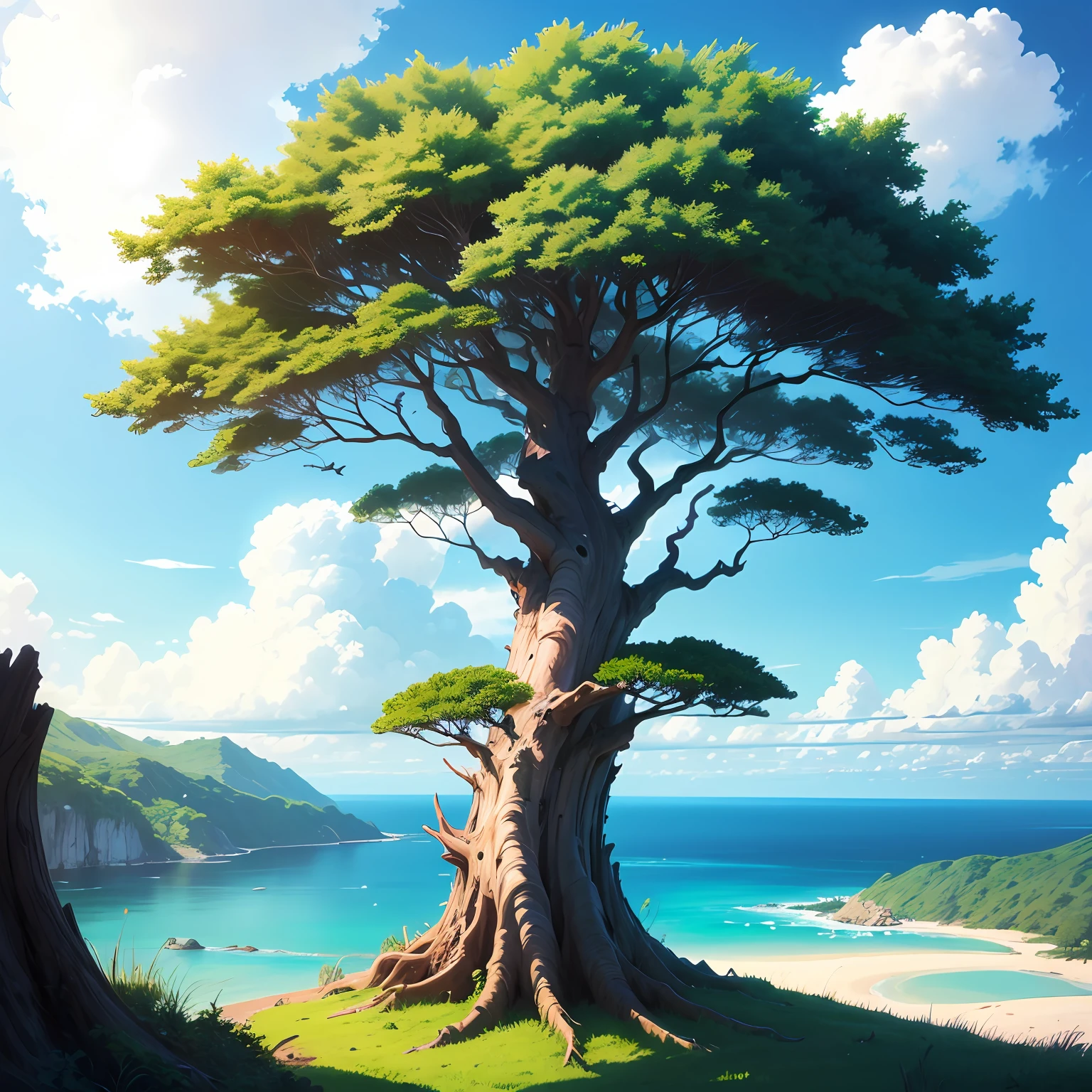 anime landscape of tropical island, Indonesia, blue sky, cloud, a lot of tree, anime background, ghibli --auto