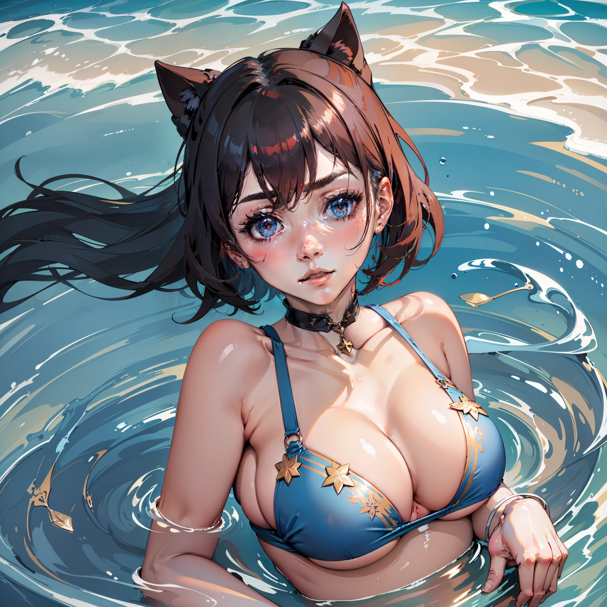 unconscious, animal ears, sparkling eyes, Abstractionism, depth of field, best quality, highres, high quality,Bigchest,swimming uniform