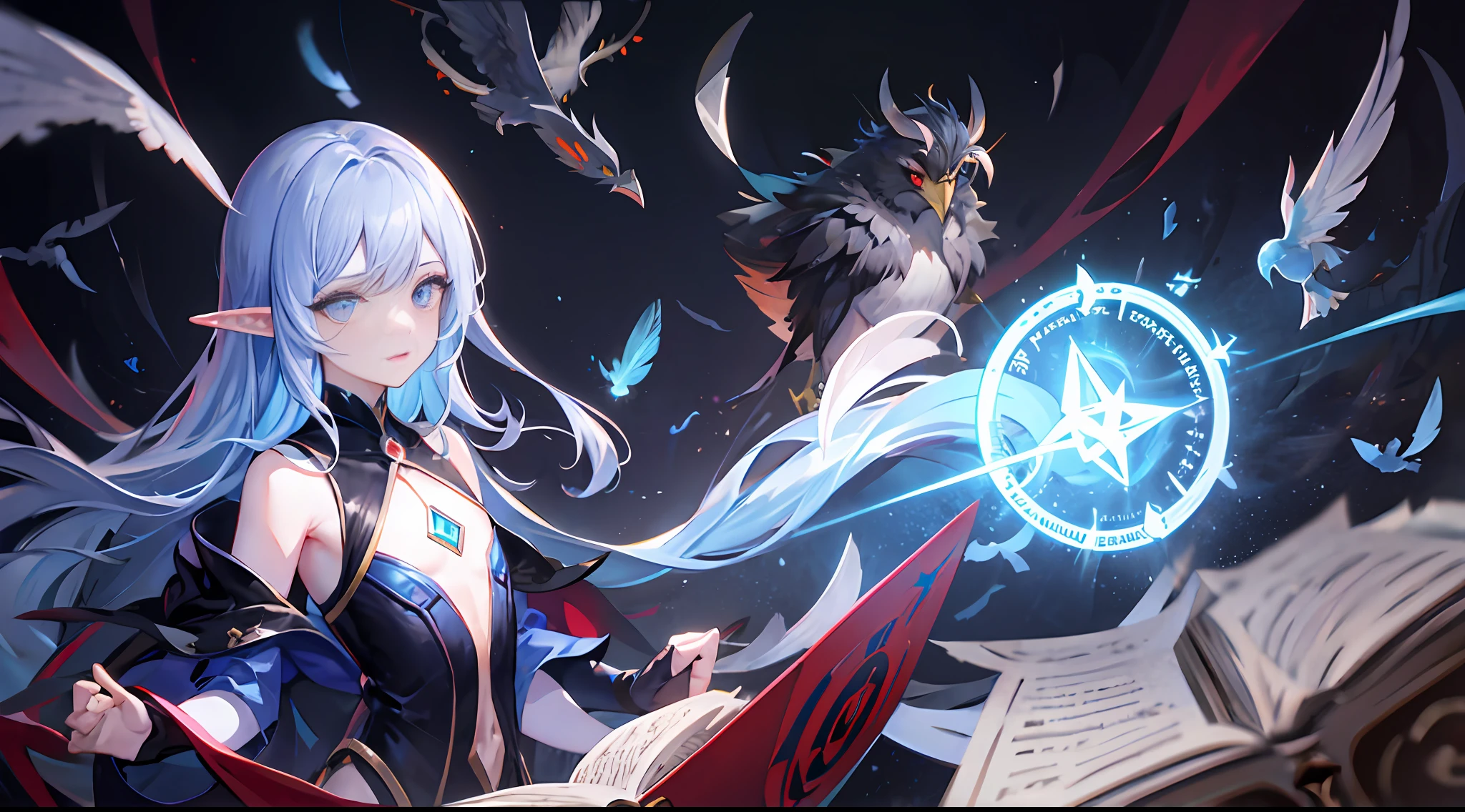 death, blood, night, darkness, (fantasy), infinity, deep blue sky, abyss of knowledge, knowledge, ((masterpiece)),(((extreme))),((beautiful detailed eyes)),(eyelashes) , monster, (1 female), blue hair, long hair, abyssal eyes, shiny skin, oil, small chest, (bird body, feathers), rags, Tzeentch, elf, extremely fine CG unity 8k wallpaper, masterpiece ,((ultra-detailed)),((illustration)), colorful, wallpaper, energy, unknown horror, arcane, magic surrounding, magic surrounding, magic wand, book pages, flying all over the sky, knowing what it is, predicting the future, understanding the past , Infinite Wisdom, Blue Flame, Warlock, Magic Circle, Pentagram, Mantra, Mantra, Singing Magic,