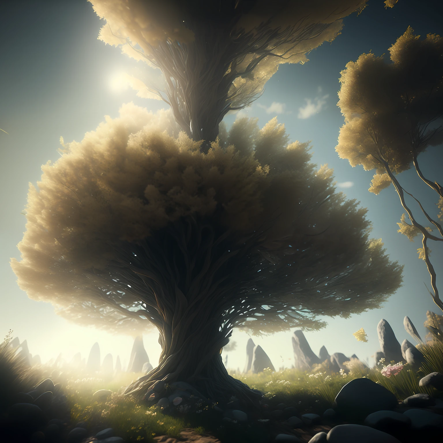 Dreamy tree in a bottle,detail-rich,High authenticity,Based on photos taken with Canon cameras,The leaves and branches of the tree that show the brilliance swing in the wind,Flowers bloom overhead。Ultra-high definition with Greg Rutkowski's realism,h 1024 w 804 | f 1 6 lens mark 2:2 s 3555 mm film grains :1。The most complex and elaborate techniques for atmospheric light and refractive illumination,High resolution and sharp contrast are achieved。The perfect combination between Octane's rendering aesthetic and cinematic concept,Realistic and detailed。