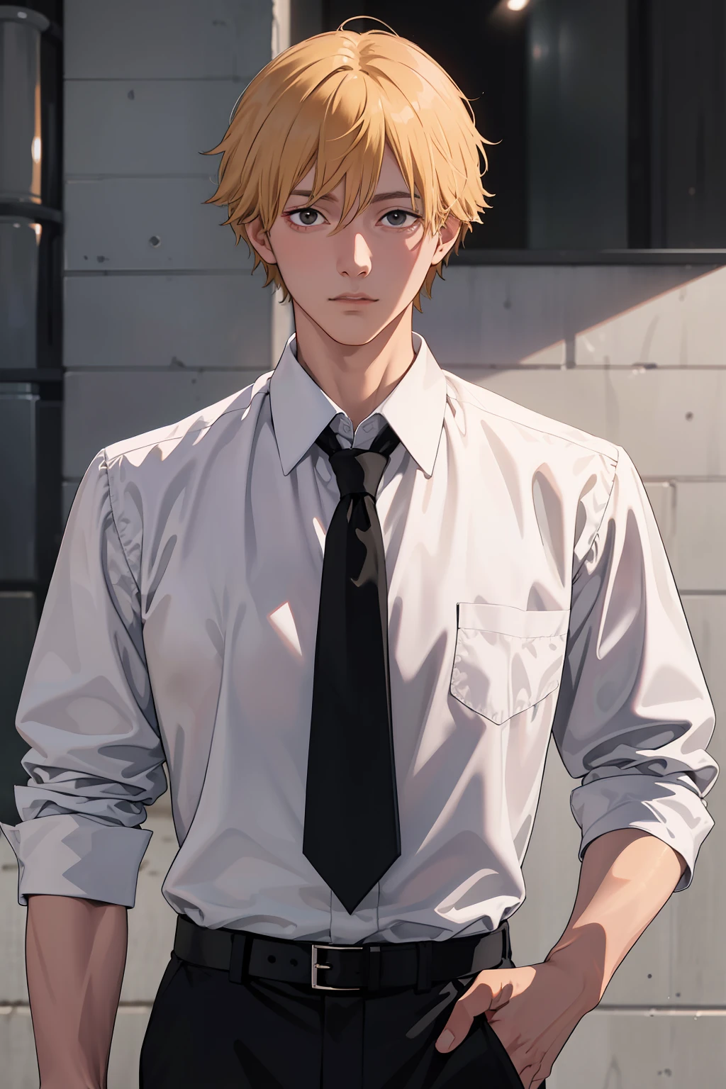 White collared shirt, Black tie, Black pants, Formal, masutepiece, Best Quality, High quality, 1boy, Solo, Male Focus, Looking at Viewer, Upper body, Denji, Realism, a blond