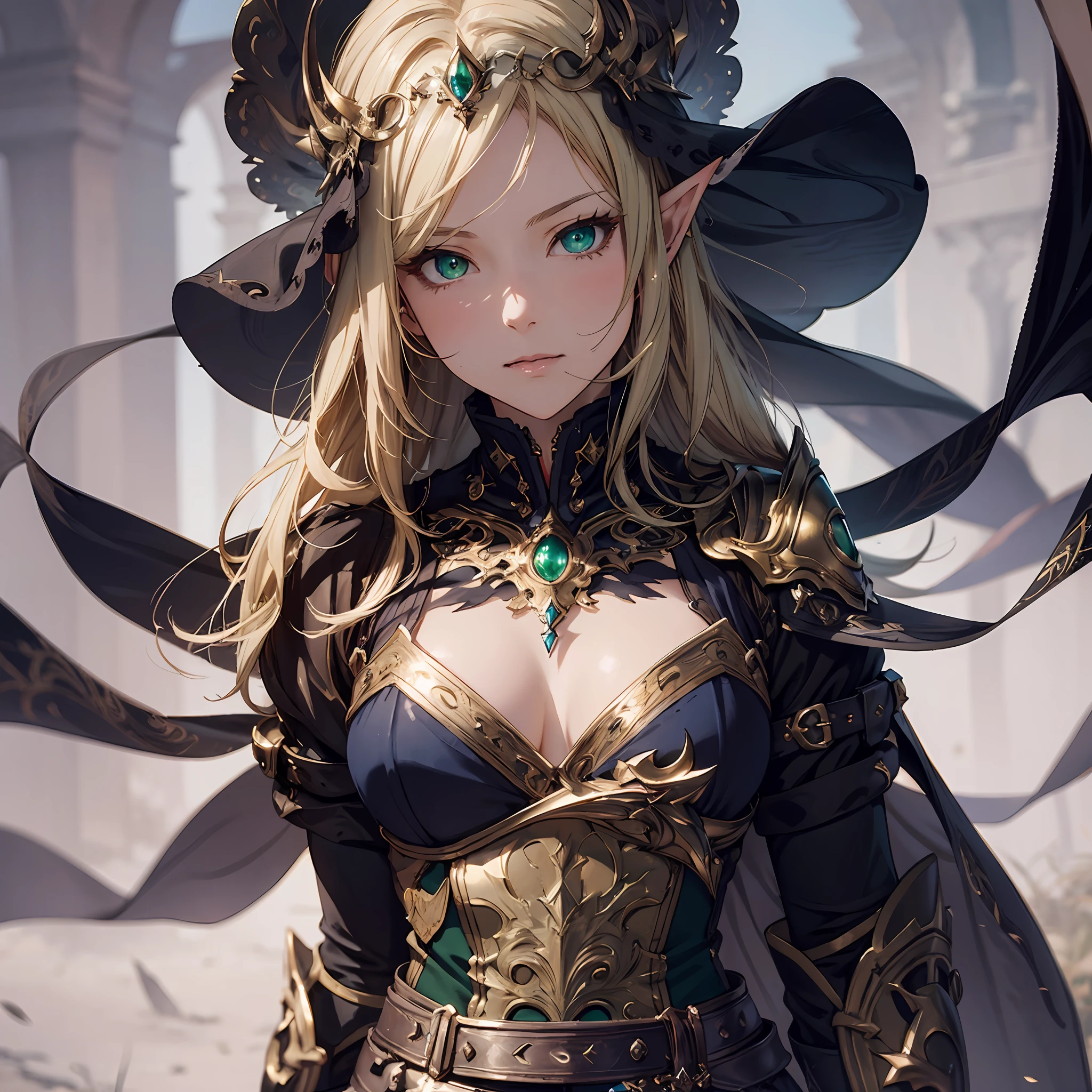 masterpiece, best quality, 1woman, adult, female focus, solo, long blonde hair, vibrant green eyes, looking at viewer, closed mouth, Fantasy aesthetics, Highly detailed, shadowverse style, elf ear, black attire, mage, veil