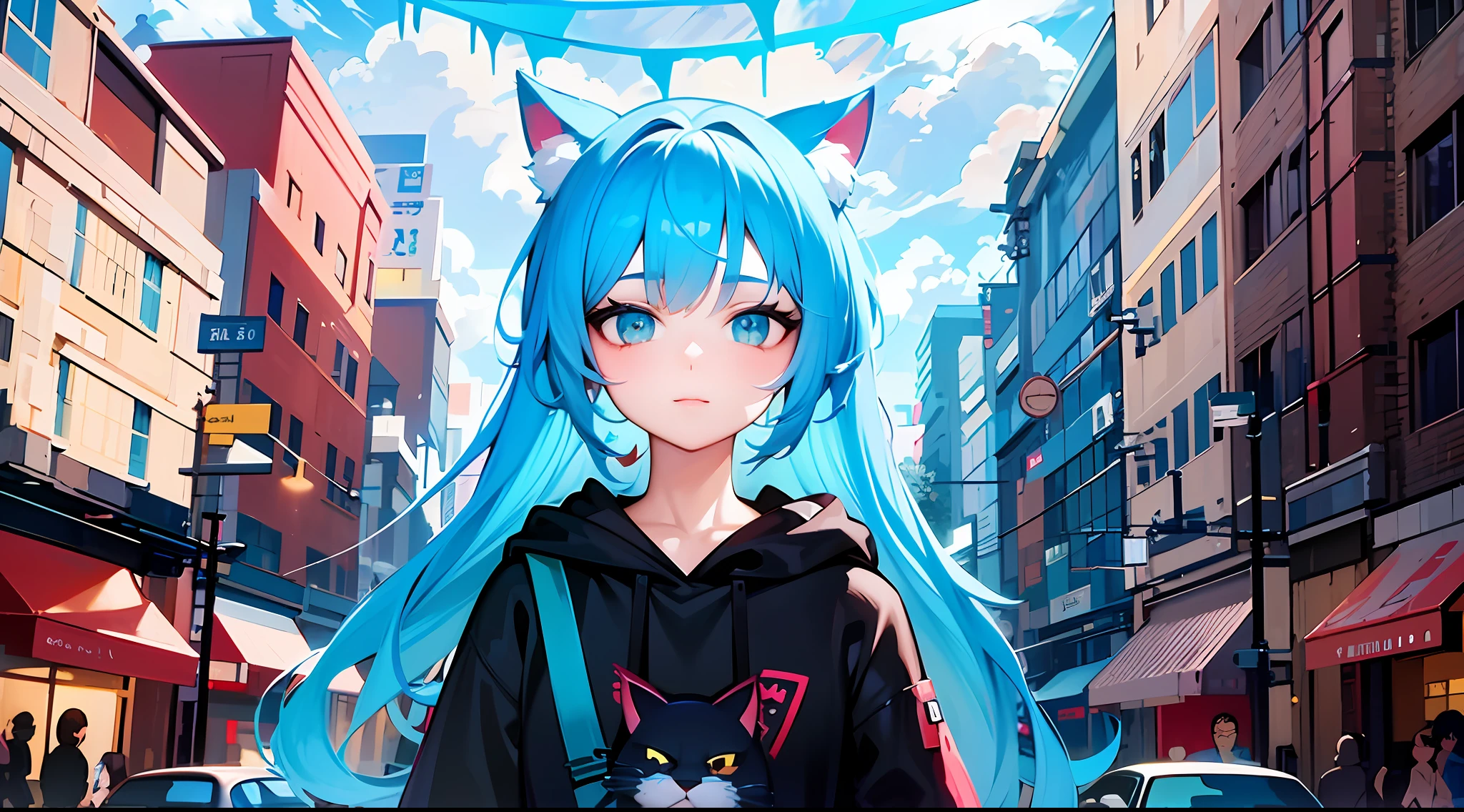 Anime girl with blue hair and cat ears walking on city street, style of anime4 K, anime girl with cat ears, anime moe art style, anime catgirl, Anime style. 8K, beautiful anime catgirl, cute anime catgirl, Anime art style, In anime style, anime art style, mikudayo, Anime style illustration, anime styled digital art