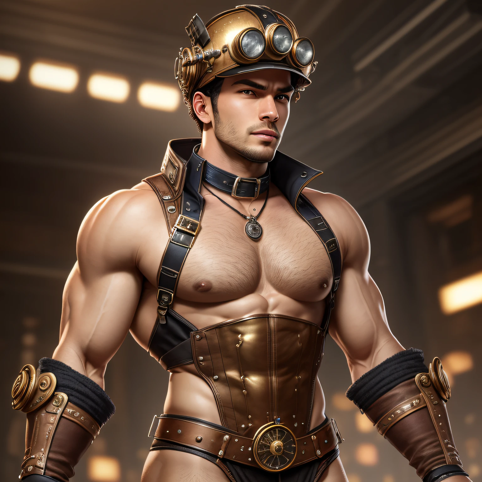 Best quality, dynamic pose, extreme detailing, volumetric lights, luscious metallic textures, muscular, naked, wearing a steampunk jockstrap, handsome face, steampunk helmet, steampunk clothing on his arms only, seen from a low angle