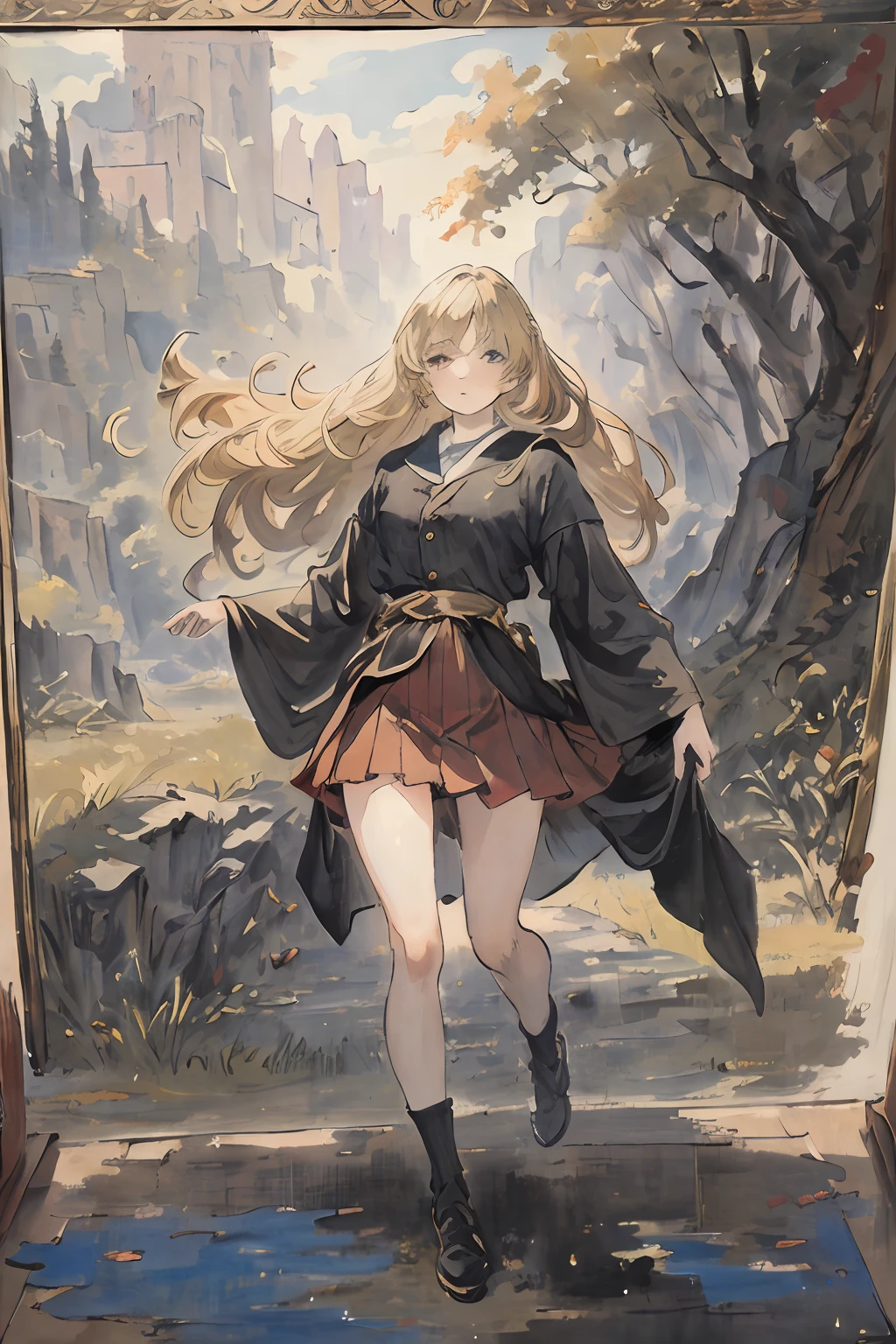 tmasterpiece,Need,The best beautiful girl,Full body like,long leges,short skirt,Extremely beautiful,World Masterpiece Theatre,super-fine,Need,Need,blond hairbl,A high resolution,Need,1girl,Need,illustratio,looking at viewert, impasto, canvas, oil painted, realistic, realist,real,