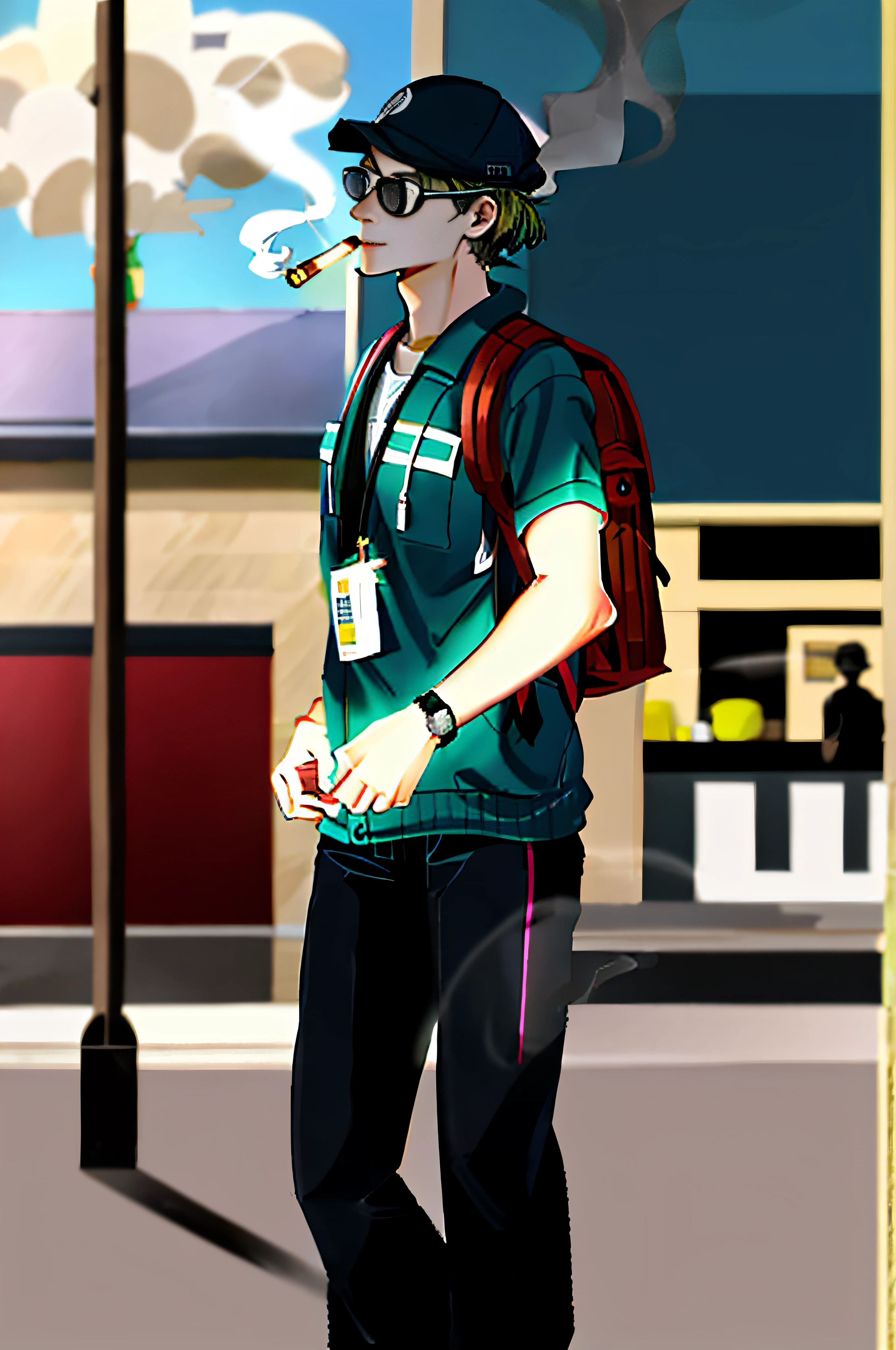 A man with a hat and backpack is smoking a cigarette, taking a smoke break, Smogpunk, with cigar, smoker, Smoking weed alone outside, smoke all around, SUCK, shigeto koyama, while smoking a cigar, smoking outside, photo of breeze kaze, he is smoking a cigarette, taken in the early 2020s