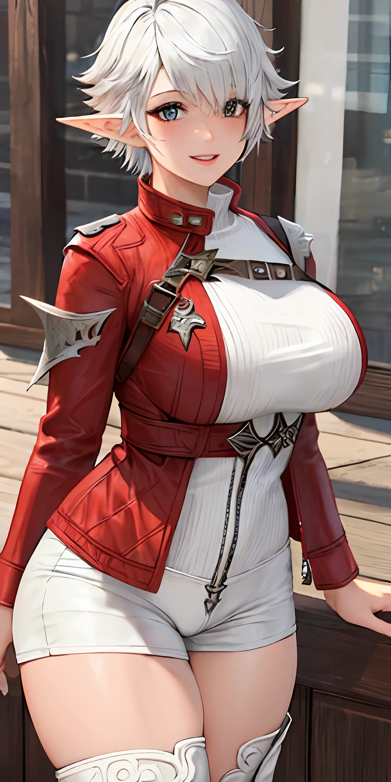 (masterpiece:1.2, best quality), (real picture, intricate details), futanari, large testicles under shorts, testicles bulge, futanari bulge, breasts larger than head, very thick thighs, tight jacket, jacket barely containing breasts, alisaie, (alisaie leveilleur (final fantasy)), 1girl, elf ears, red jacket, thigh boots, white shorts, fit female, realism, Detailed, intricate, sharp focus, Ultra-detailed, detailed pupils, puffy lips, skindentation, (intricate detail), (Soft Lighting), Charming smile, white hair,