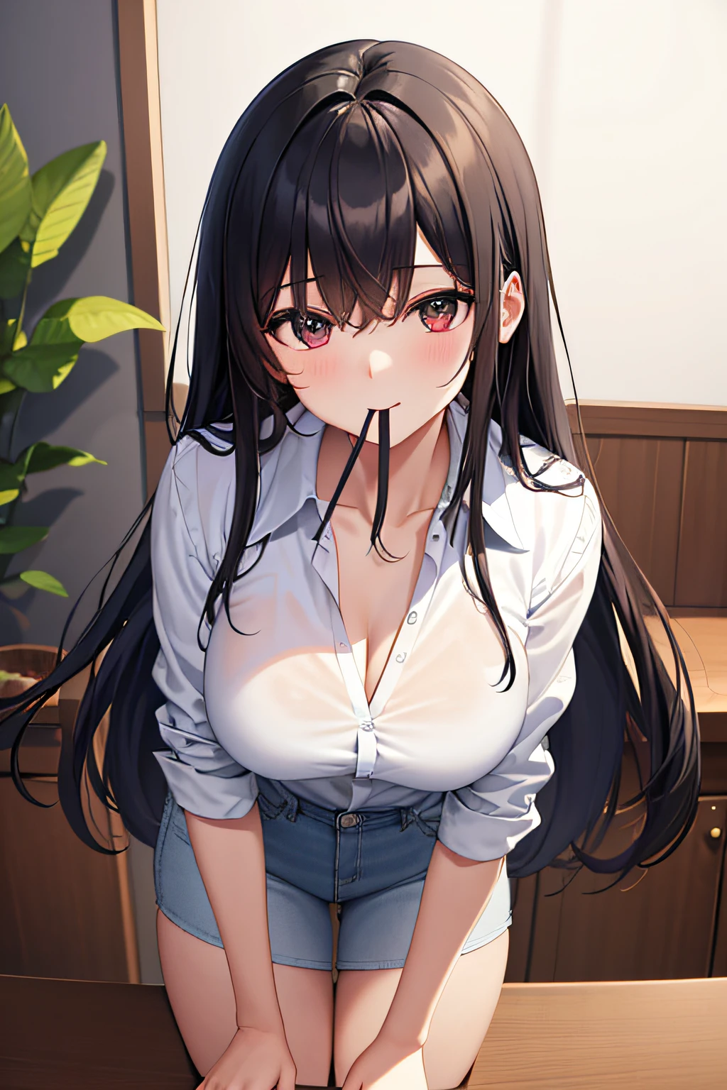 beautiful, (masterpiece:1.2), (best quality:1.2), perfect lighting, perfect eyes, perfect face, 1girl, solo, indoors, warm colors, office, office clothing, red eyes, brown hair, voluptuous, upper body