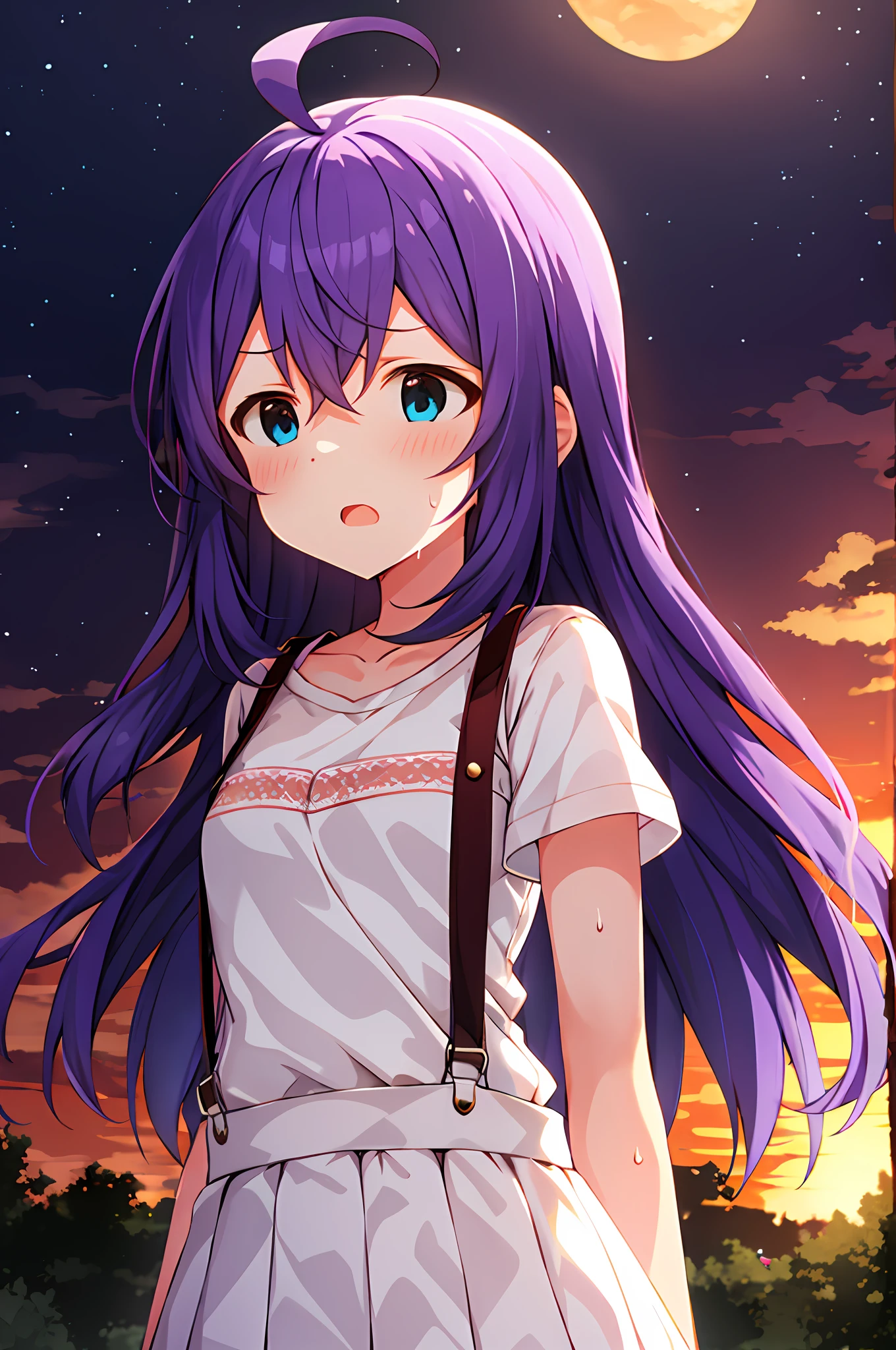 mochizuki anna,1girl in,Solo,Long hair,Purple hair,Medium chest.Ahoge,Blue eyes.Short stature.white t-shirts.suspenders.Skirt.Evening glow.the setting sun.Despair face.Sweat.Opening Mouth.up chest.Both arms down.