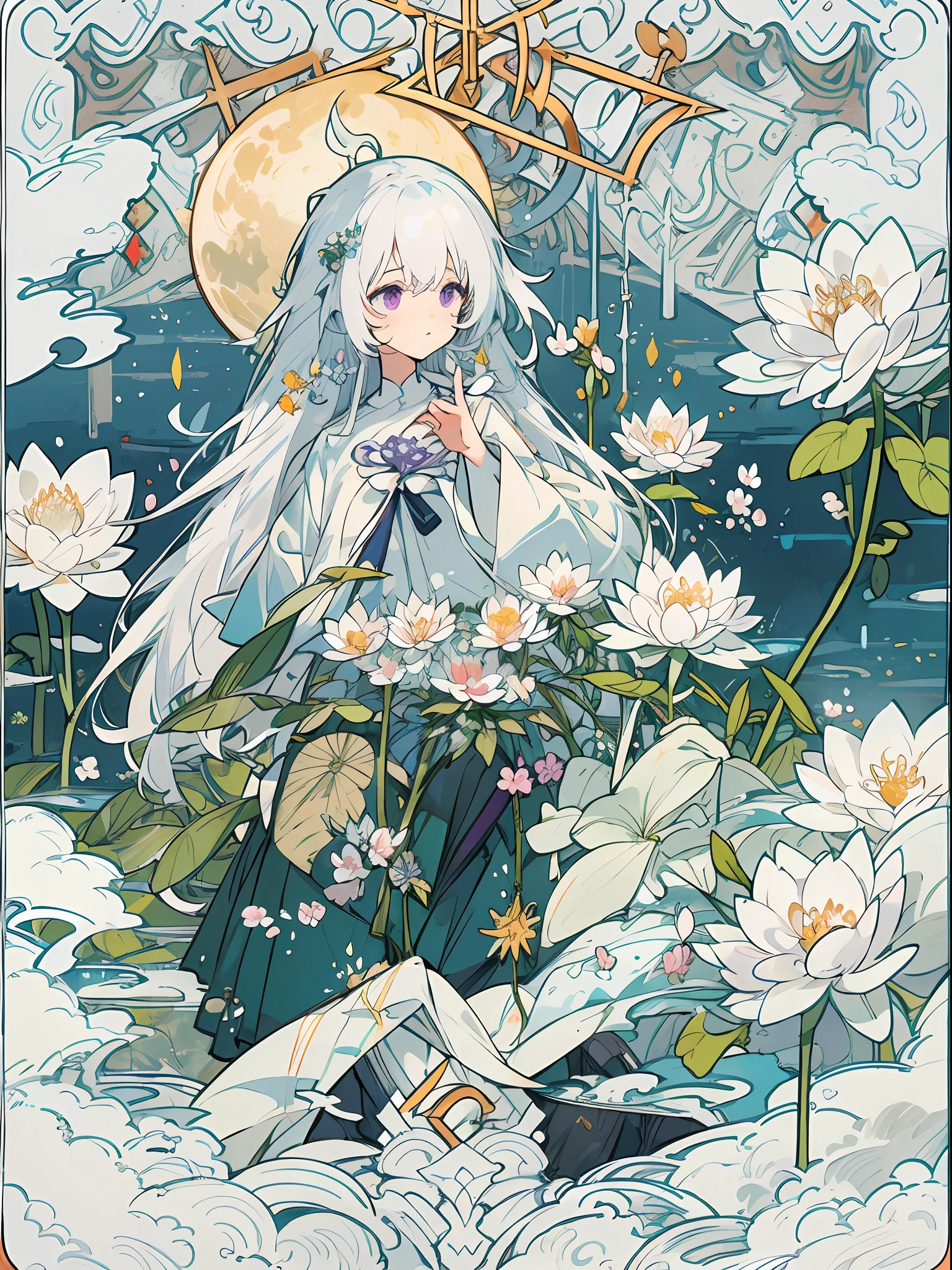 of a guy,long white hair,Purple eye,Stand by the pool,There are white lotus flowers in the pool,Look down at the flowers,Reach out and pick flowers,There is a big moon in the sky,full bodyesbian,white clothes,High picture quality,16k,Need,The light is hazy,holy