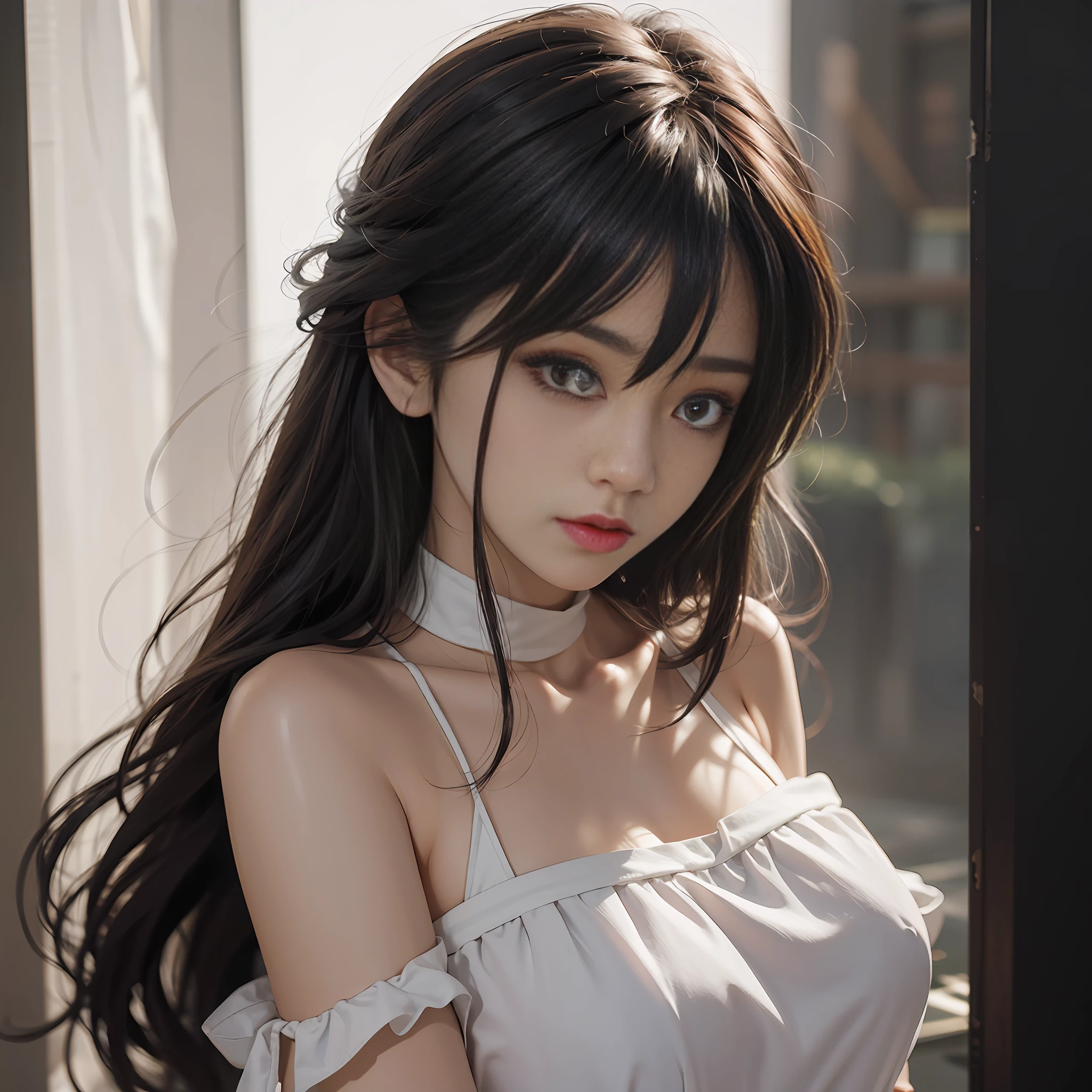 best qualtiy， tmasterpiece， 超高分辨率， （realisticlying：1.5）， RAW photogr， 1girll， bshoulders， in the darkness nigth， deep shading， low tune， cold light， Sexy look， long whitr hair，Long white dress，gentleness