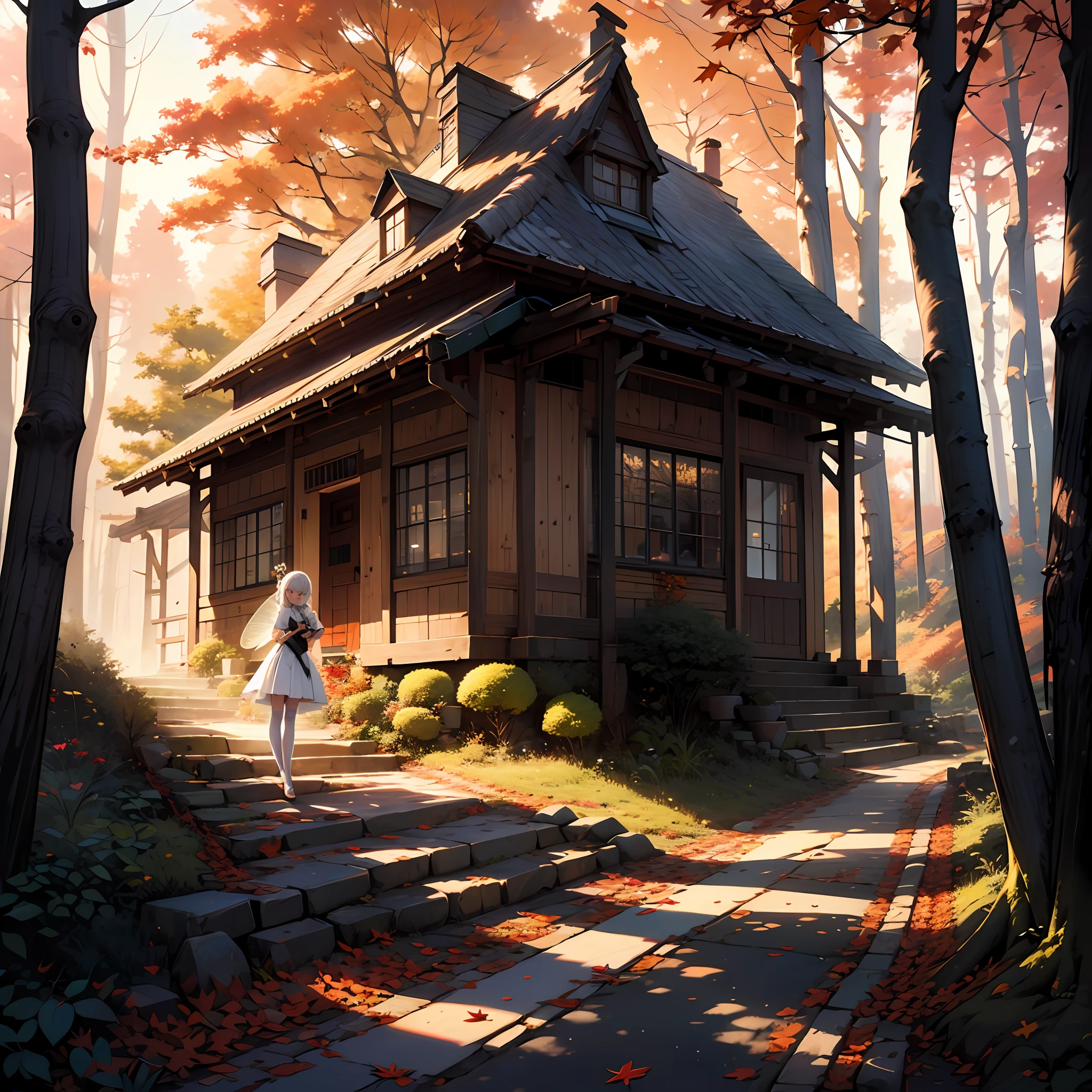 Autumn view of the forest，the setting sun，Falling leaves flutter，A white hair，A girl in JK and white stockings stood among them，Beautiful and flawless like a fairy --auto