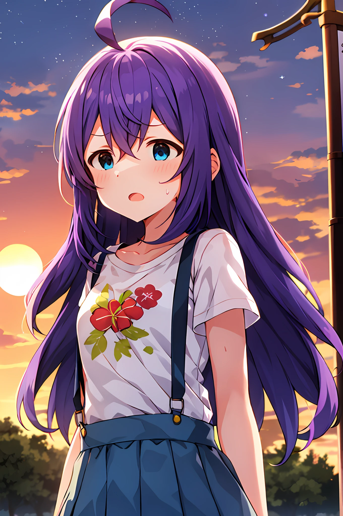mochizuki anna,1girl in,Solo,Long hair,Purple hair,Medium chest.Ahoge,Blue eyes.Short stature.white t-shirts.suspenders.Skirt.Evening glow.the setting sun.Despair face.Sweat.Opening Mouth.up chest.Both arms down.
