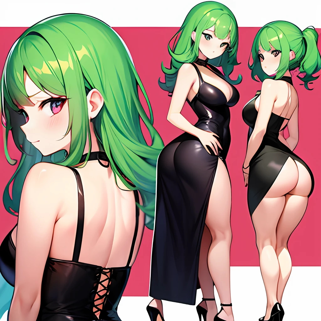 Tasumaki is an anime character [Wears a black dress and high heels, green hair, big ass, small breasts, shor hair]: Showing your ass to me