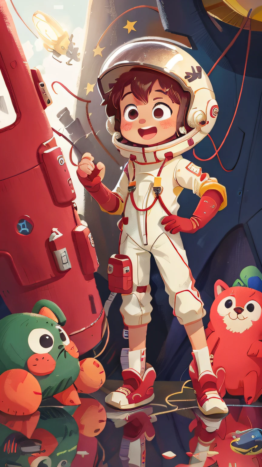 A boy gently touches the Salyut space station with his right hand，White_mitts, White_space shoes, White_helmet, CCCP red letter on the top of the helmet, in weightlessness, Side light, Reflection，space suit,cheerfulness，in mecha style,star ocean,high key,Homem-Imponente，rejoice，Perfect quality，Clear focus（Clutter - home：0.8）， （tmasterpiece：1.2） （realisticlying：1.2） （bokeh） （best qualtiy） （detailedskin：1.3） （complexdetails） （8K） （detailedeyes） （Sharp focus）,（having fun）