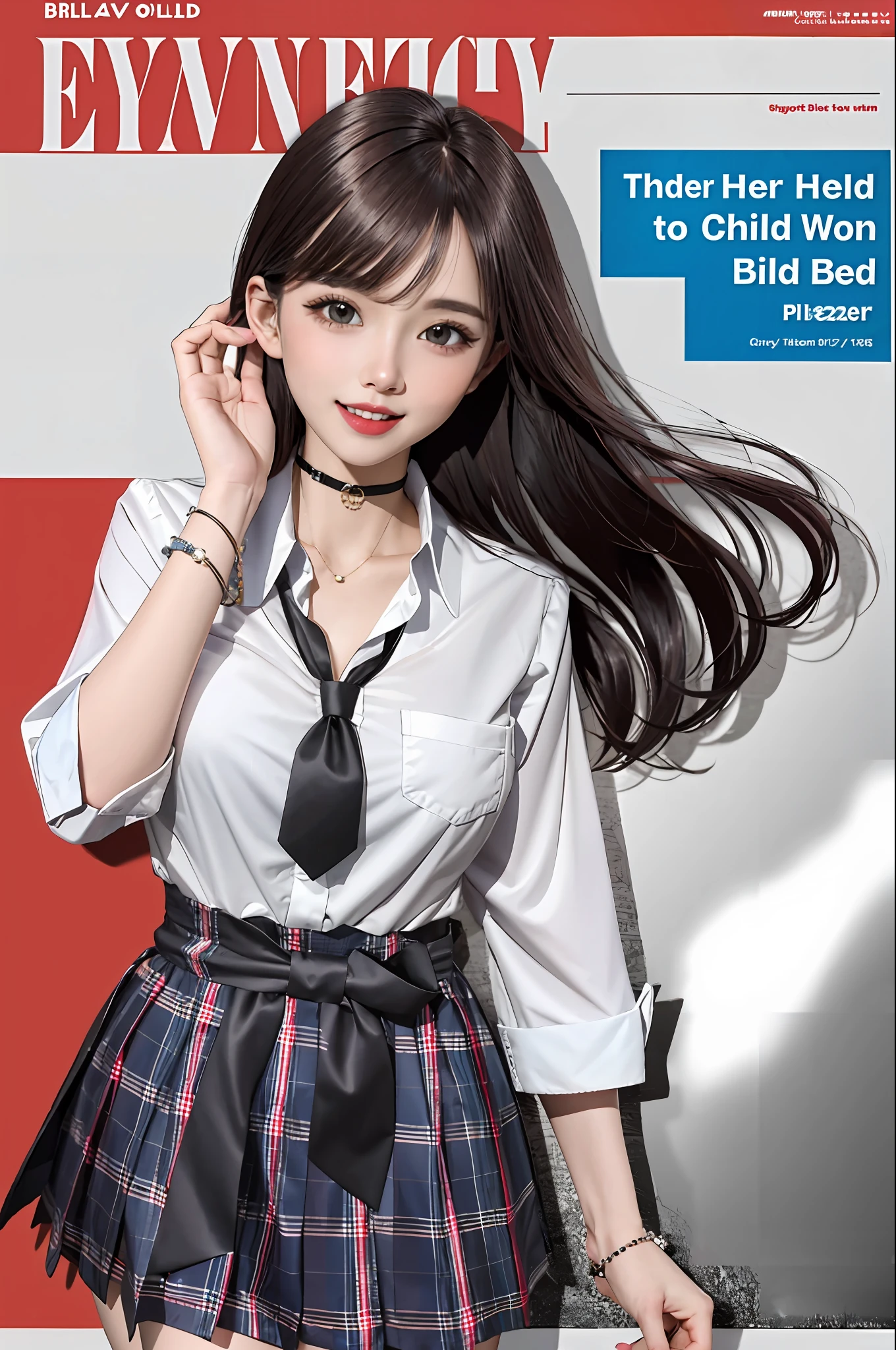 masterpiece, best quality, full body, 1girl, bangs, black choker, black necktie, black hair, blue skirt, blush, bracelet, breasts, choker, clothes around waist, collarbone, collared shirt, cowboy shot, dress shirt, ear piercing, eyebrows visible through hair, gradient hair, grin, gyaru, jewelry, kogal, long hair, looking at viewer, loose necktie, necktie, piercing, plaid, plaid skirt, pleated skirt, red eyes, ring, school uniform, shirt, skirt, smile, solo, white shirt, street, sky, cherry blossoms, petals,illustration, (magazine:1.3), (cover-style:1.3), fashionable, woman, vibrant, outfit, posing, front, colorful, dynamic, background, elements, confident, expression, holding, statement, accessory, majestic, coiled, around, touch, scene, text, cover, bold, attention-grabbing, title, stylish, font, catchy, headline, larger, striking, modern, trendy, focus, fashion,