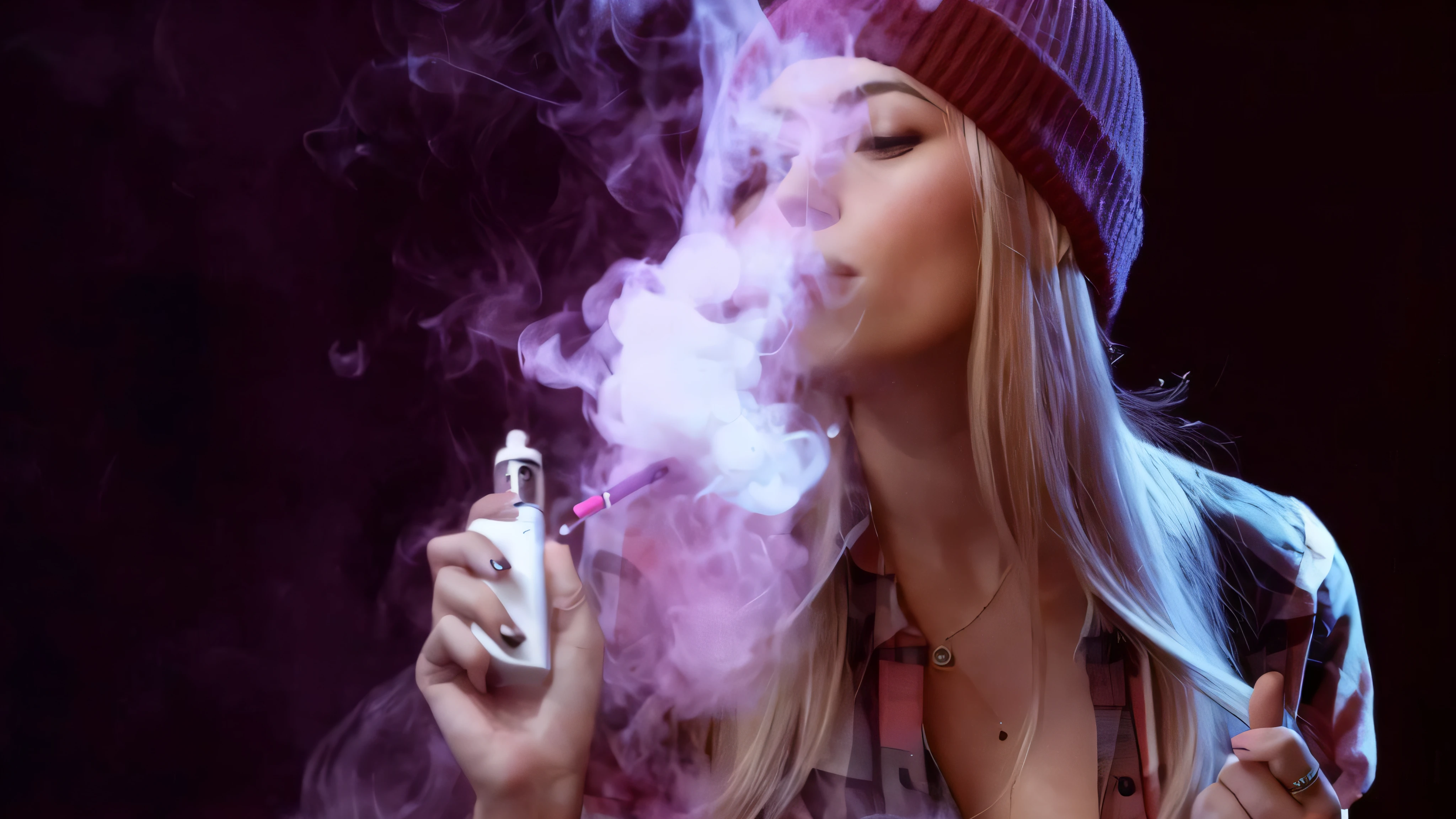 Arapei woman smokes e-cigarettes，Pink smoke comes out of the mouth, holding a small vape, Blue and purple vapor, smoke coming out of her mouth, smoke and gas, colorful vapor, blowing out smoke, mist vapor, Purple smoke, smoke from mouth, violet spike smoke, Smoking woman, Distort the vapor, smoking body, Blow smoke, in front of smoke behind