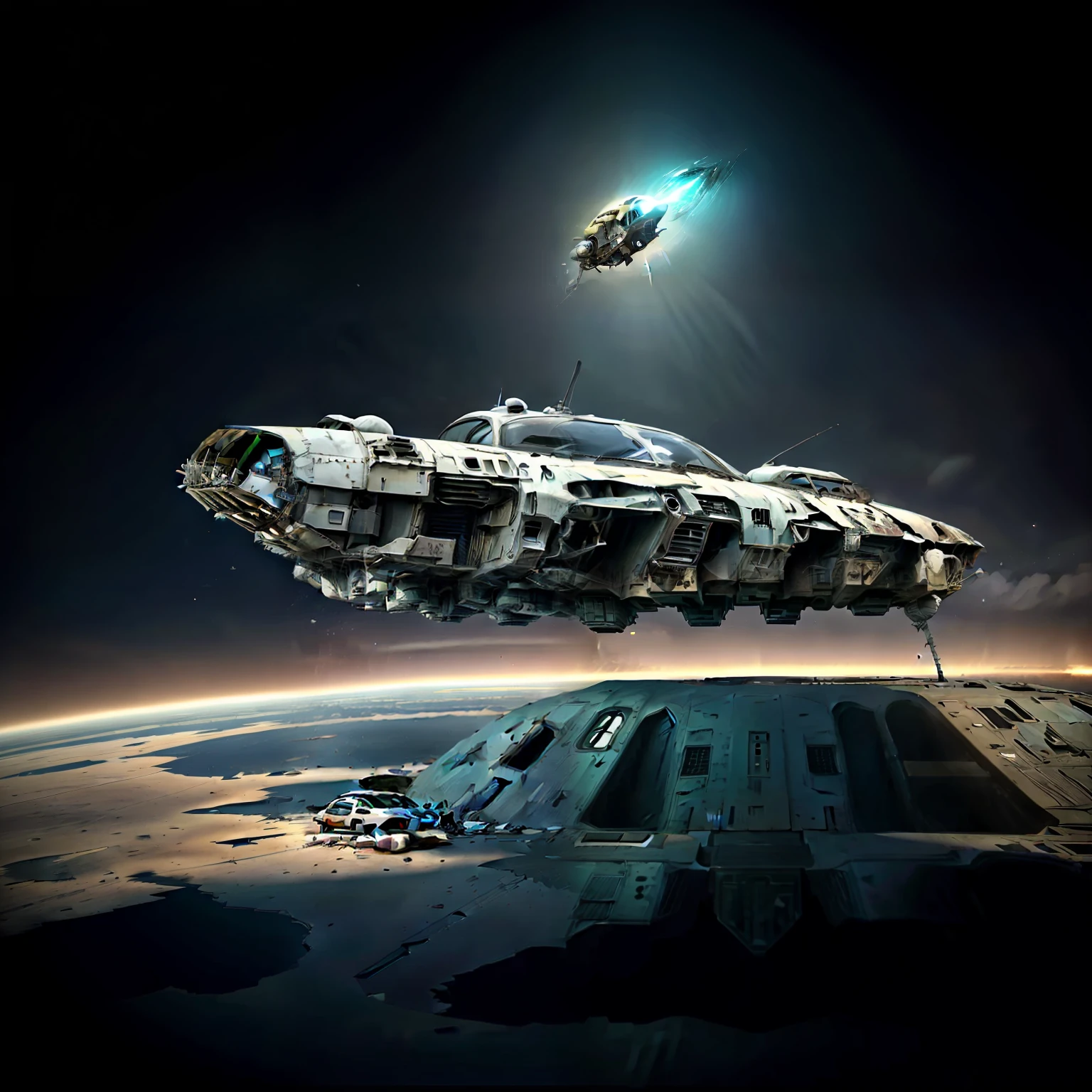 Broken shipwreckage(tmasterpiece),Dilapidated spaceship,8K,A falling spaceship in the universe(best qualtiy),deep dark background