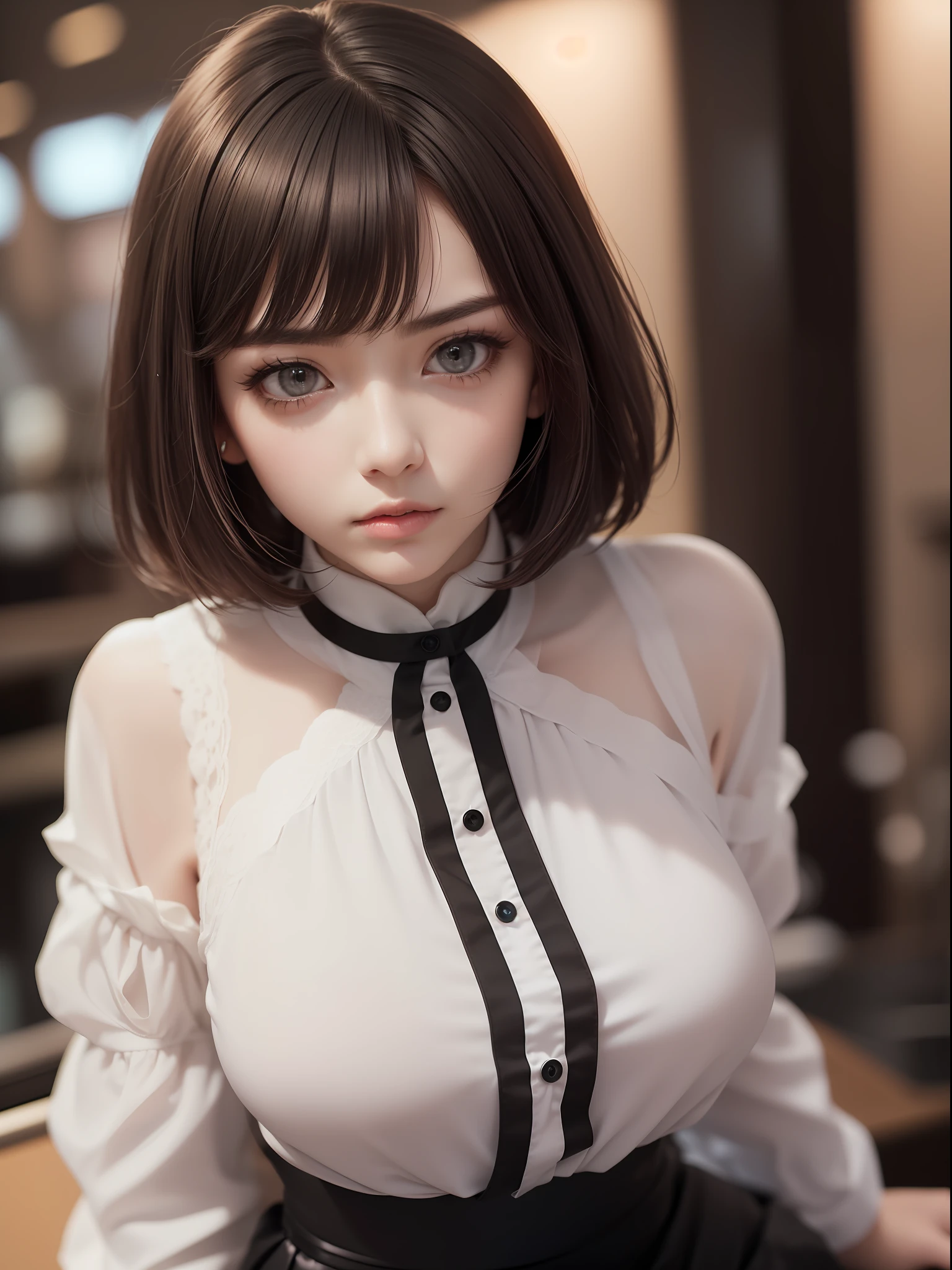 masuter piece, best qualtiy, (((realisitic, Photorealsitic:1.37))), ((Solo)), 8K image quality, Extremely delicate and beautiful, splendid, Official art with attention to detail, Ridiculous, Unbelievably ridiculous, huge filesize, ultra-detailliert, ighly detailed, (Beautuful Women), (detailed woman), extremely detailed eye and face, Beautiful detailed eyes, Light makeup,, (Perfect female figure), (Korean  beauty), ((fullllbody)), (short-hair), With bangs, (((White blouse with black tight skirt))), (Light anger) , ((cold stare)), ((Kamimei)), Dim bar counter,