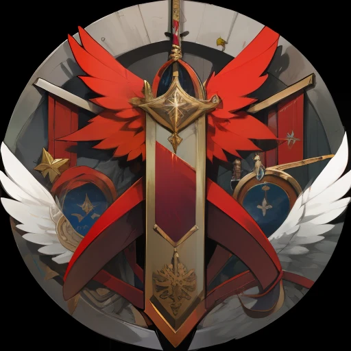 Red shield，There are three swords and wings on it，medal