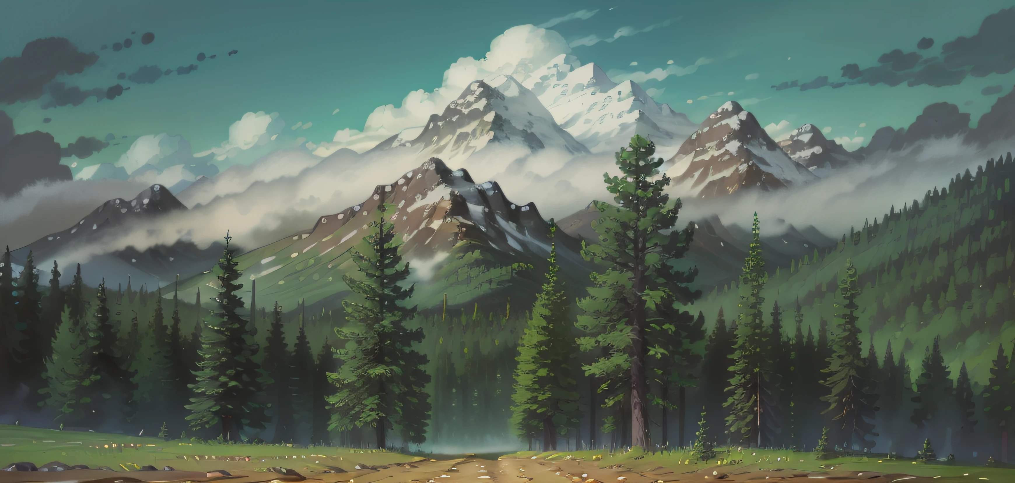 Dense pine forest，There are mountain peaks in the distance