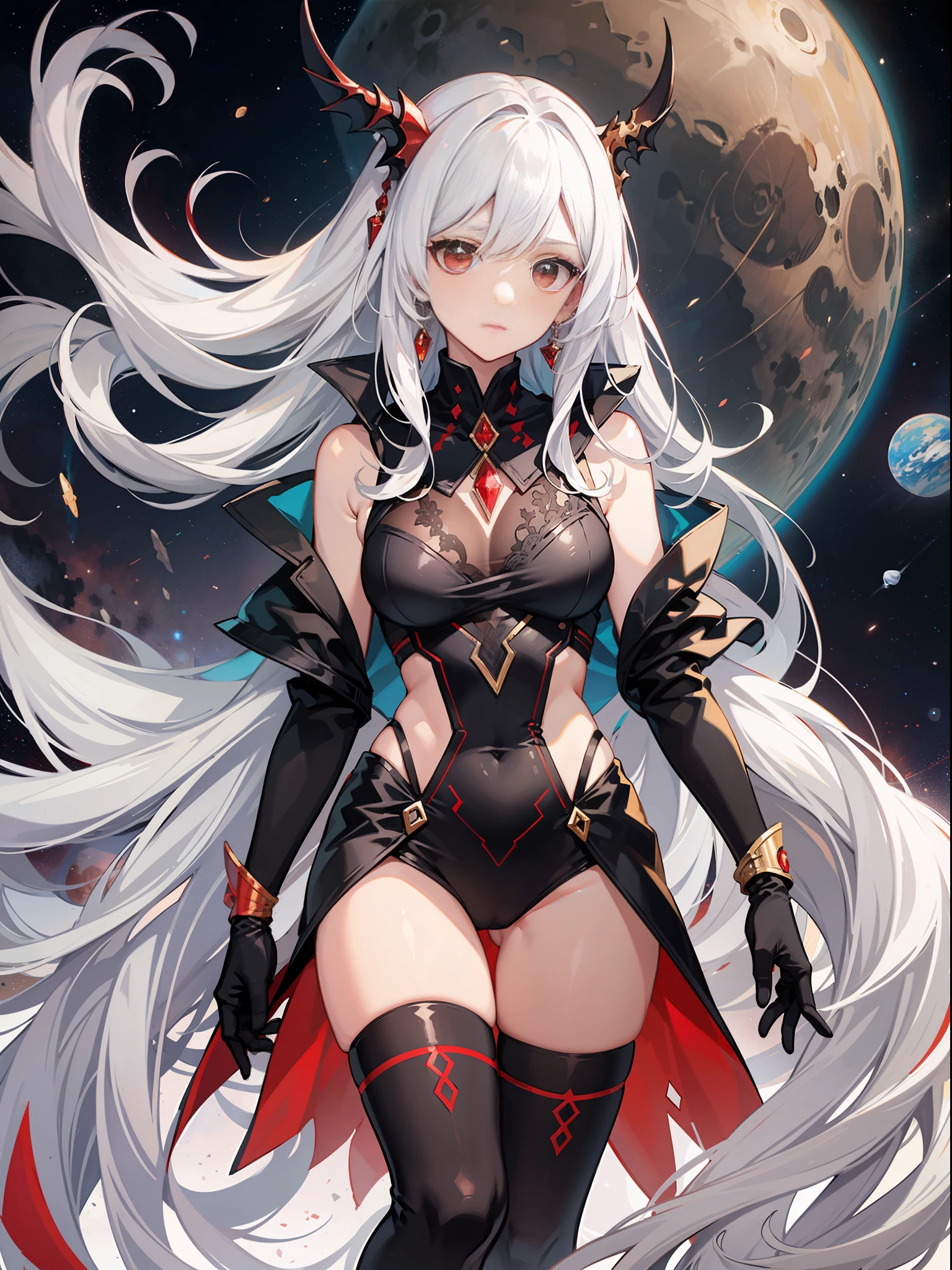 Kizi,Duergar,Manteau,red color eyes,jewely,White Snake,shairband,Very long hair,White hair,fully body photo,Planetary background,black lence stockings,Black and red suits