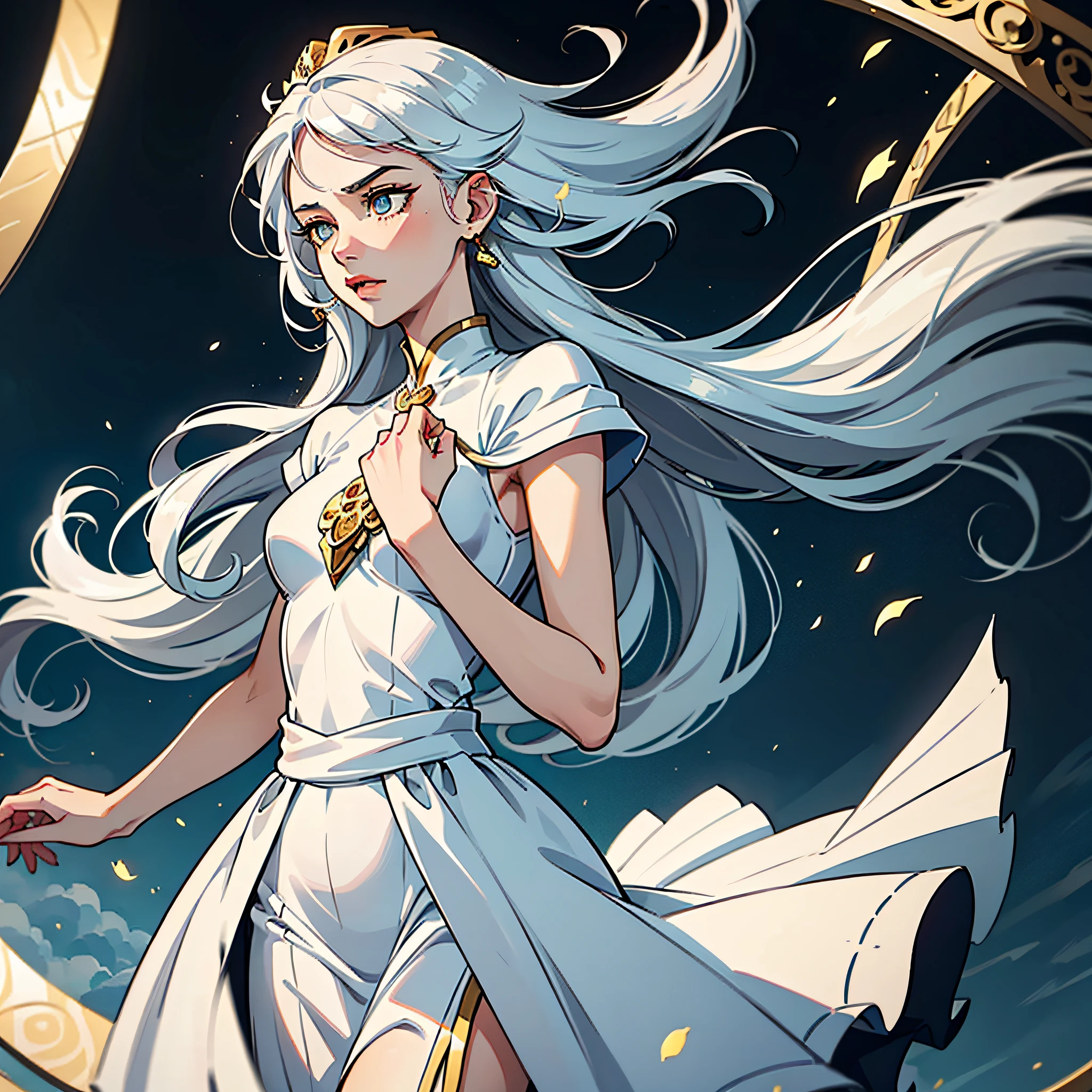 There is a very domineering one ,goddes,,White hair flutters in the wind,Cold female emperor,a white long skirt,Golden pupils,ancient wind --auto
