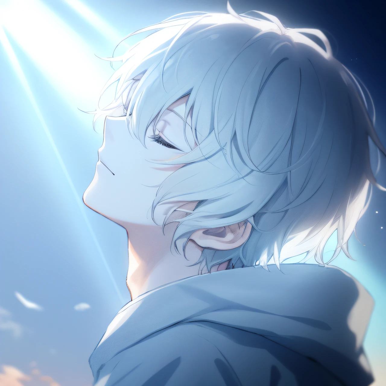Anime drawing of a woman with short hair and a white shirt, Anime. Soft lighting, anime shading), sun behind him, sunlight shining on him, Anime lighting, ray of light through white hair, yagami light, sunflare, kaworu nagisa, he has a glow coming from him, distant!!, watching the sunset. Anime