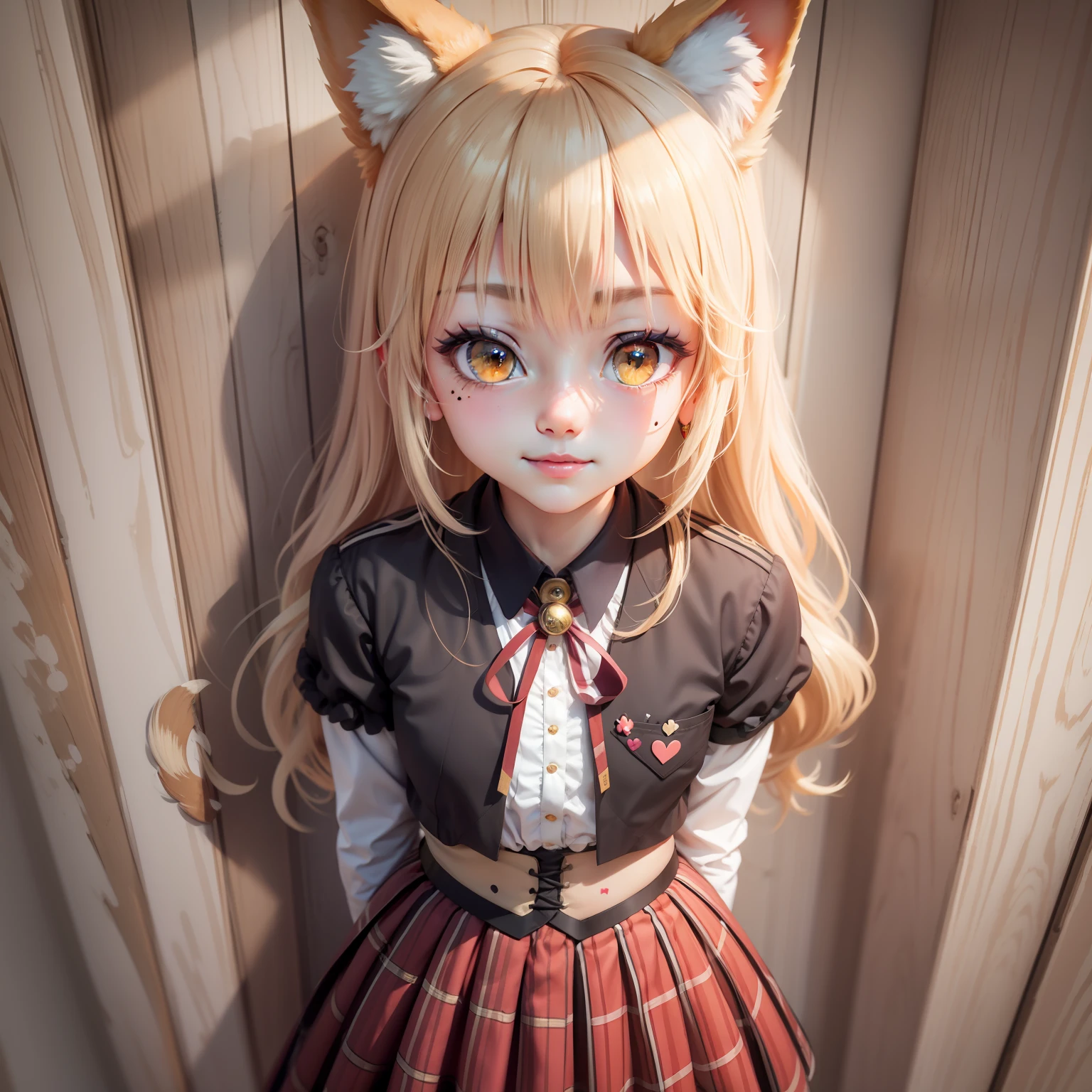 Striped hair, Blonde hair, Curly hair, bangs, crossed bangs, Long hair, Very long hair, Moles under the mouth, Moles under eyes, Heart-shaped pupils, Fox ears, Fox ears, Ear blush, Seductive smile, Ear blush, hearts in eyes, full blush, torogao, nose blush, Anime, stereograms, character sheets, angle of view, Eye level shots, hyper HD，JK plaid skirt