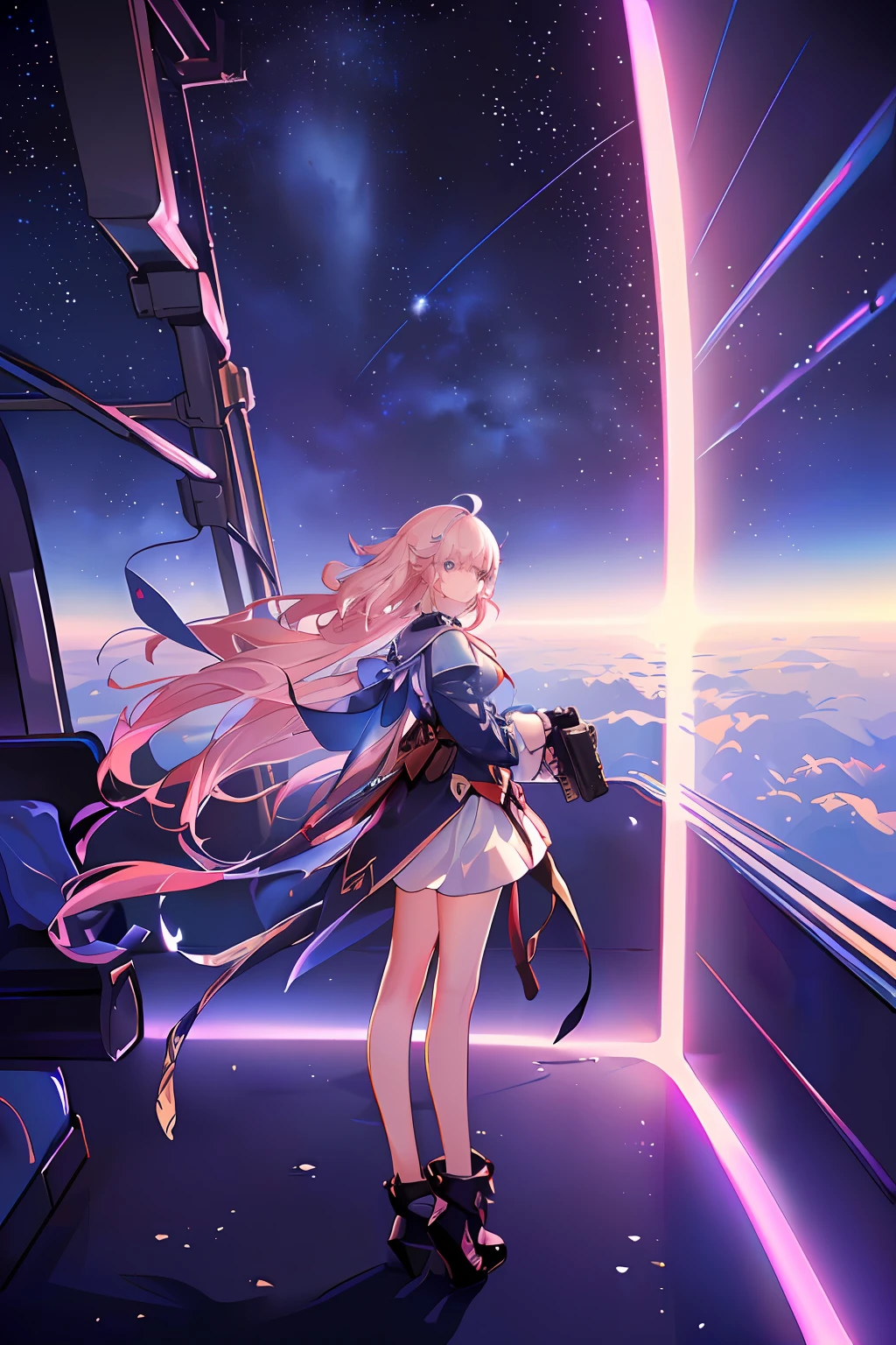 1 girl, solo, splash art, pink and blue eye, light pink hair, holding polaroid camera, night, space, starry space, march 7, soft light, wide shot, steampunk train, light streaks, lens flare