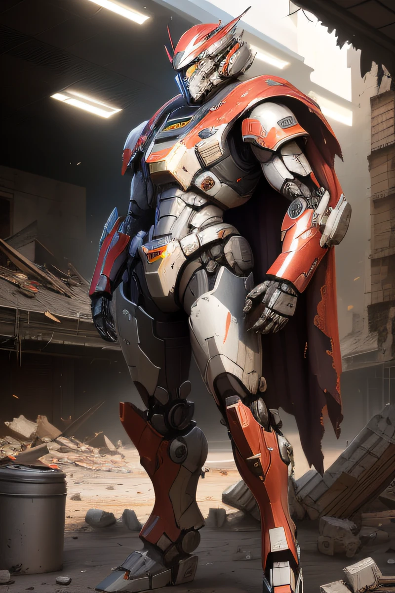 A man in armor stands in a destroyed building, Mecha suit, painterly humanoid mecha, anthem game inspiration, 3 d octane render conceptart, greg rutkowski octane render, wojtek fus, craig mullins style, full body mecha suit, daniel maidman octane rendering, full body red mech, Alexander Ferra Mecha
