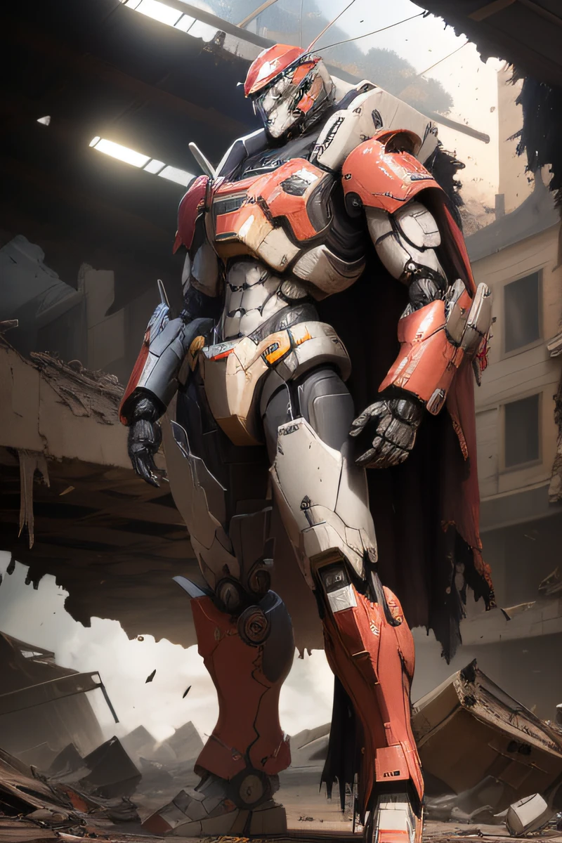 A man in armor stands in a destroyed building, Mecha suit, painterly humanoid mecha, anthem game inspiration, 3 d octane render conceptart, greg rutkowski octane render, wojtek fus, craig mullins style, full body mecha suit, daniel maidman octane rendering, full body red mech, Alexander Ferra Mecha