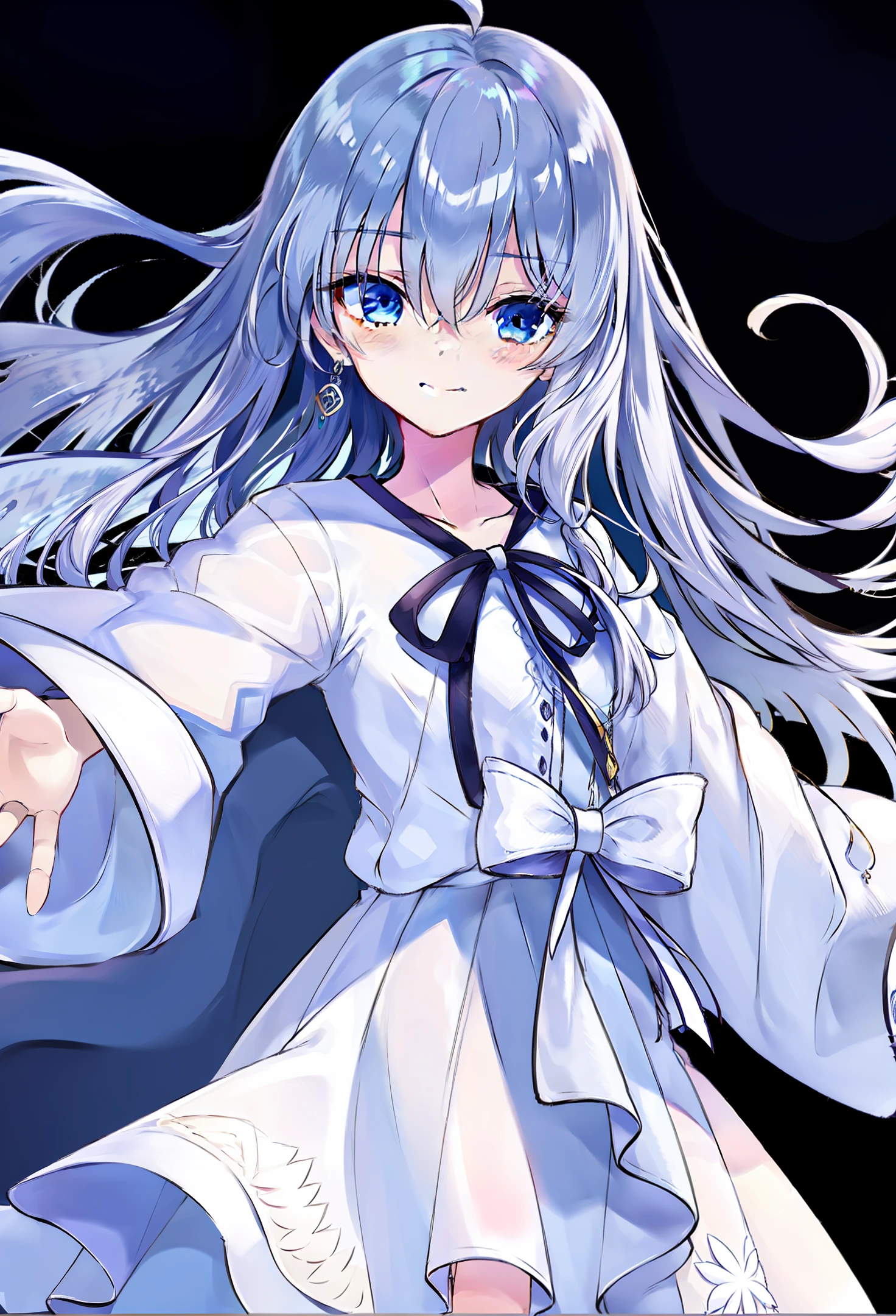 tmasterpiece，is shy，Need，illustration，{Beautiful Meticulous Girl}detailed lighting，Exposed milk，（美丽细致的眼睛：1.1）court,skyblue hair,Loose hair,with long bangs,eyebrows very,(White and gray dress:1.1),black ribbon,White tie,upper abdominals,big forehead,Dumb,florals,longer sleeves