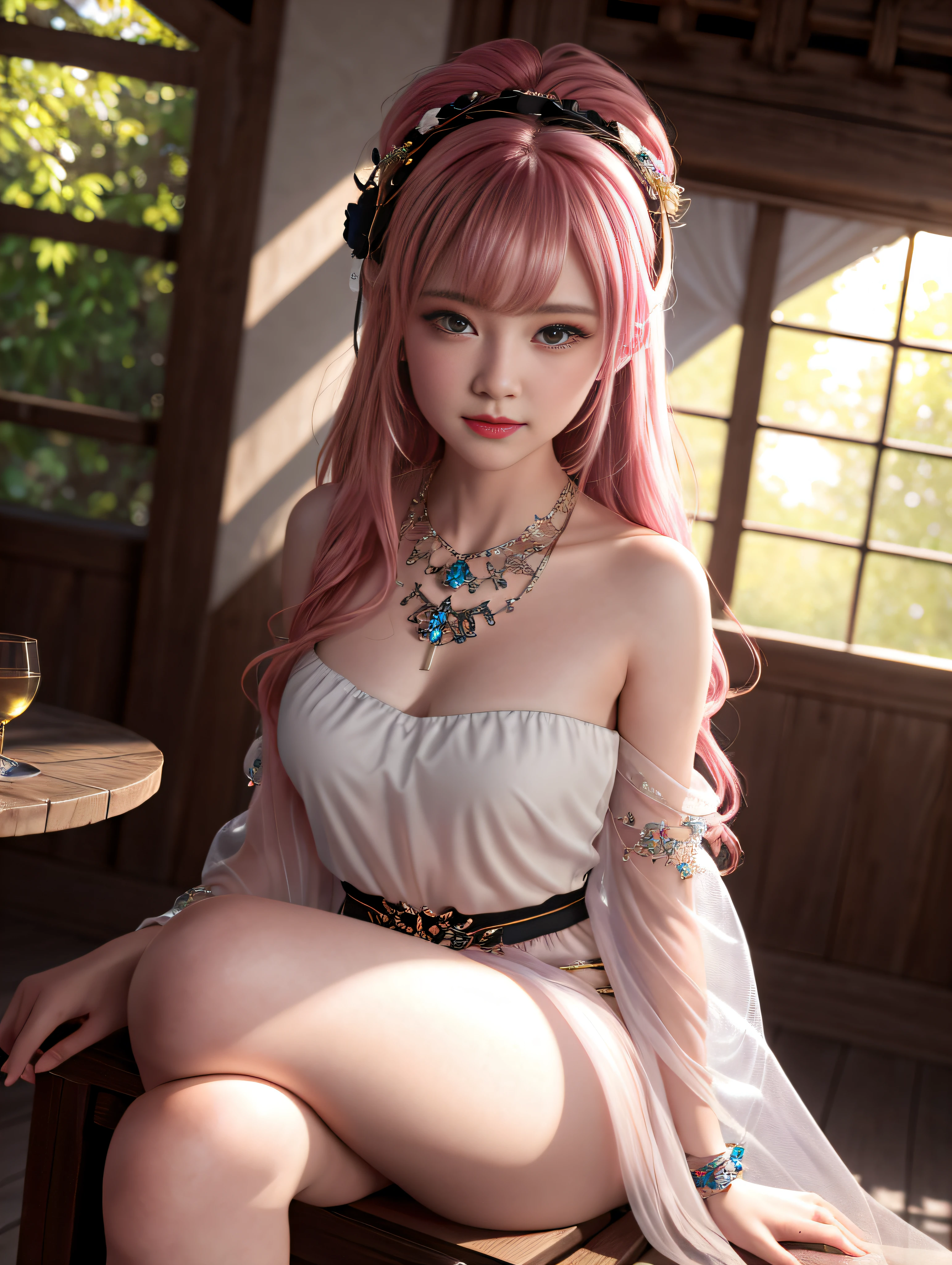 pink hair, curly hair, Ukiyo-e, modern, cinematic lighting, reflection light, ray tracing, bust chart, wide shot, Ultra-Wide Angle, UHD, ccurate
