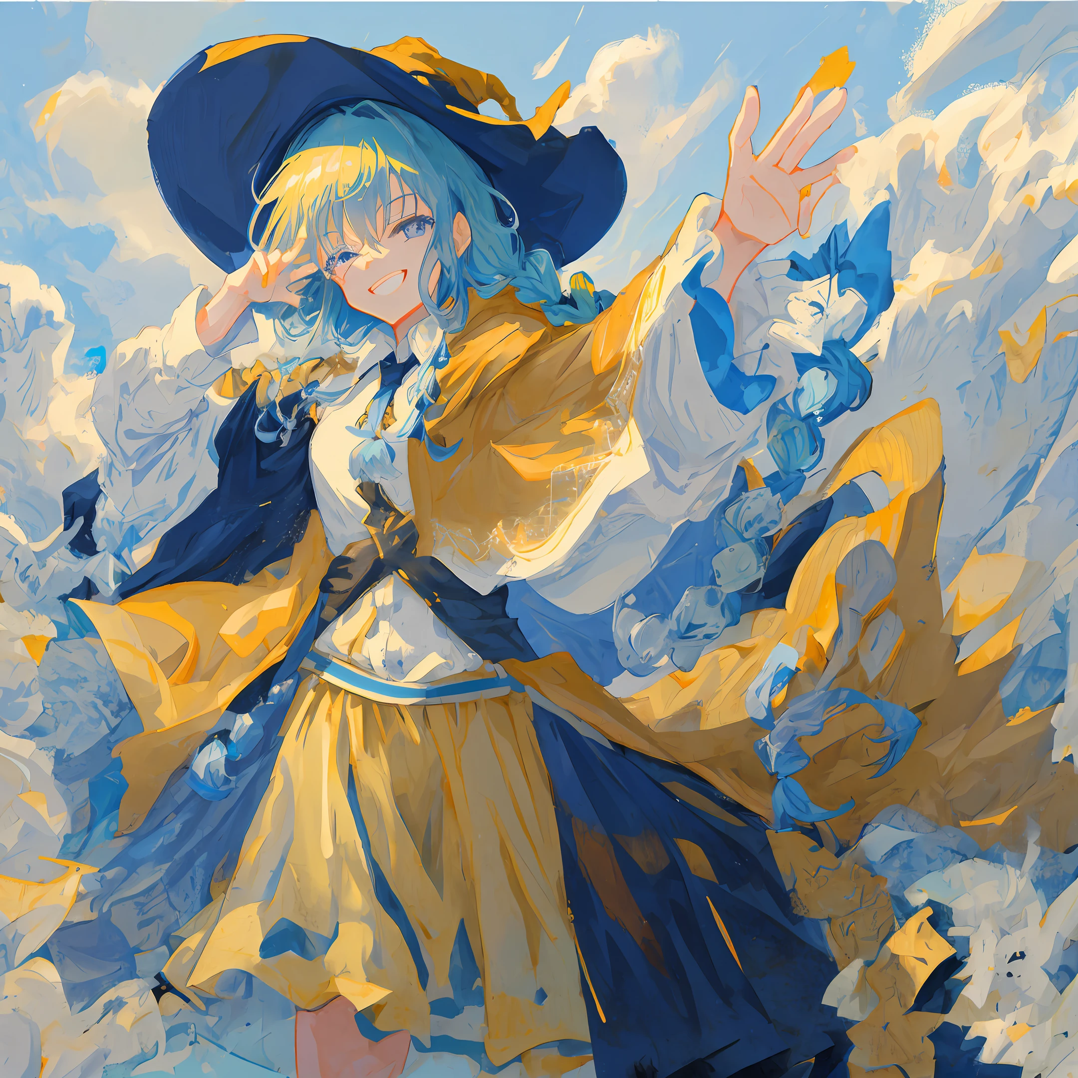 Blue Eyes Anime Blue Low Double Twist Braid, Witch Hat, Yellow Cloak, White Shirt Underneath, Squinting Smile, Enchanting Pose, Background Field