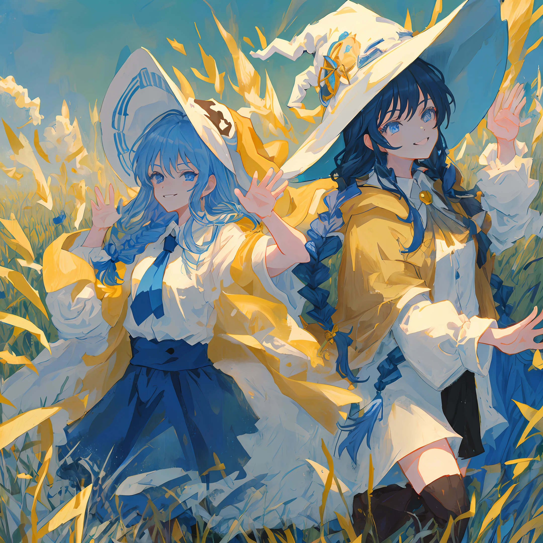 Blue Eyes Anime Blue Low Double Twist Braid, Witch Hat, Yellow Cloak, White Shirt Underneath, Squinting Smile, Enchanting Pose, Background Field