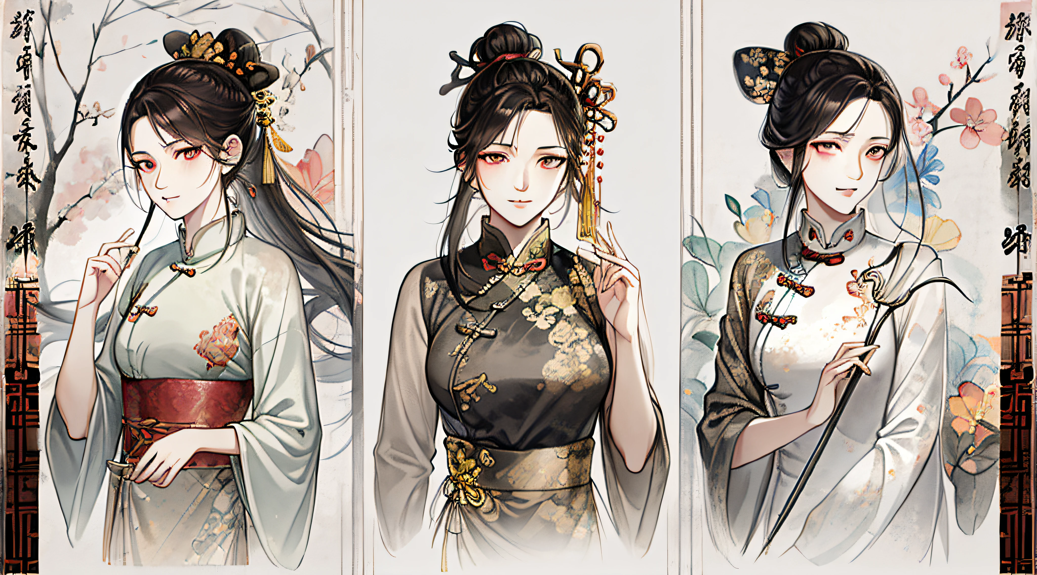 Ancient Chinese Boys,ink wash style,fully body photo,Three View,clean backdrop,full bodyesbian,Game characters